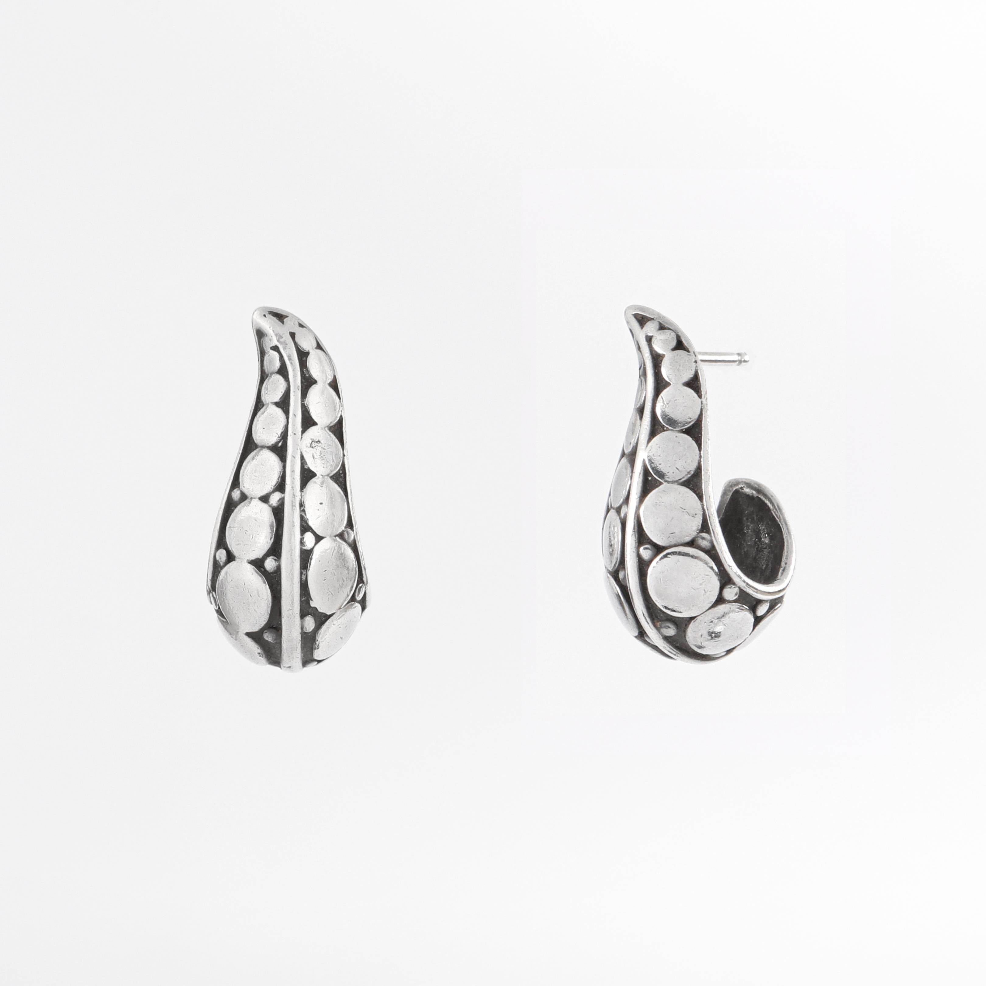 JOHN HARDY “Dot” Silver Black Carved Geometric Circle J Hoop Pierced Earrings
 
Brand / Manufacturer: John Hardy
Collection: “Dot” Collection
Style: J Hoop earrings
Color(s): Silver, black
Unmarked Material: Earring Body: Silver;  Backing: