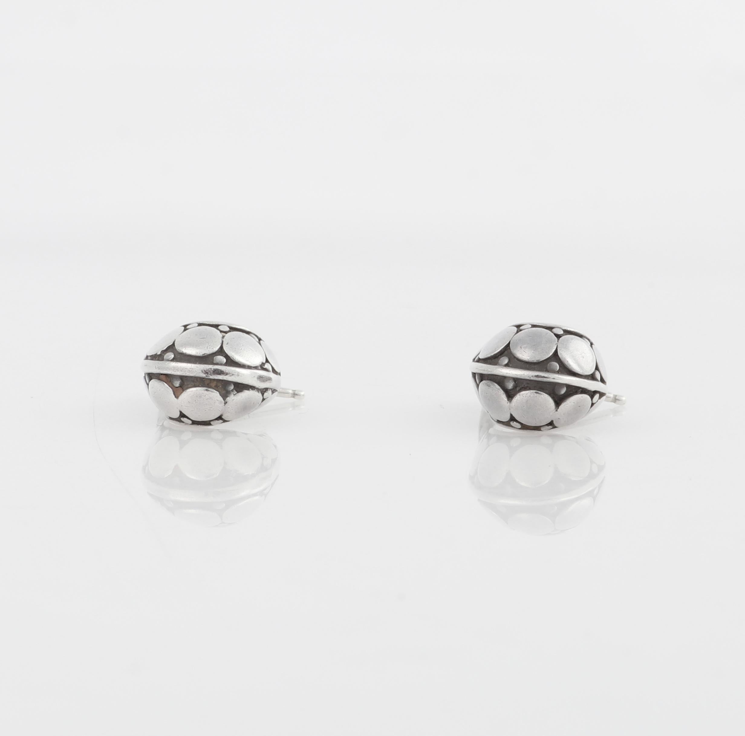 Women's JOHN HARDY “Dot” Silver Black Carved Geometric Circle J Hoop Pierced Earrings