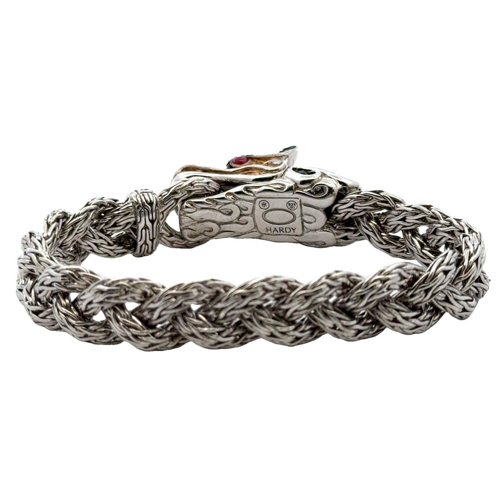 John Hardy Dragon Bracelet Braided SS/18KYG Black Sapphires & Ruby Eyes 4
