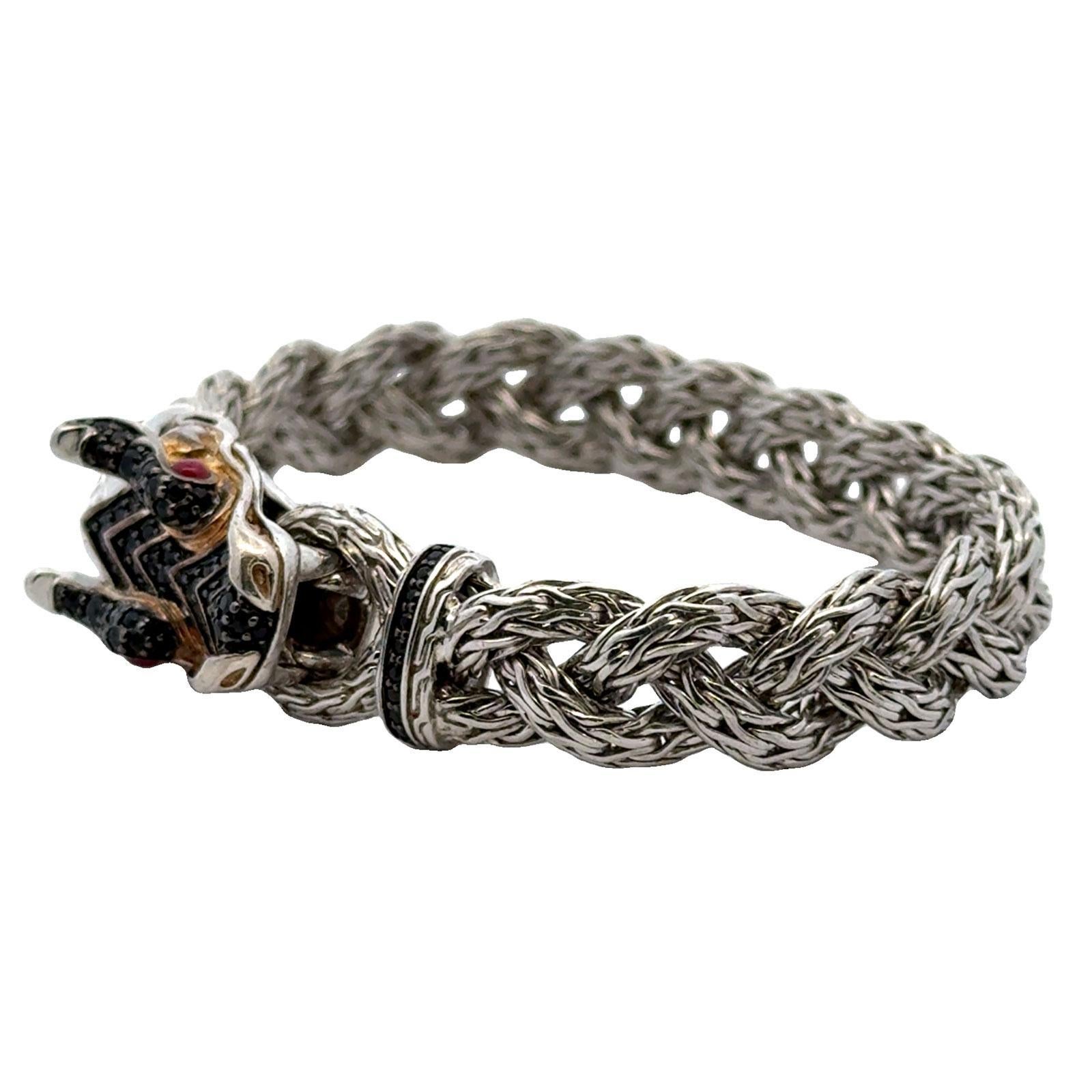 Modern John Hardy Dragon Bracelet Braided SS/18KYG Black Sapphires & Ruby Eyes