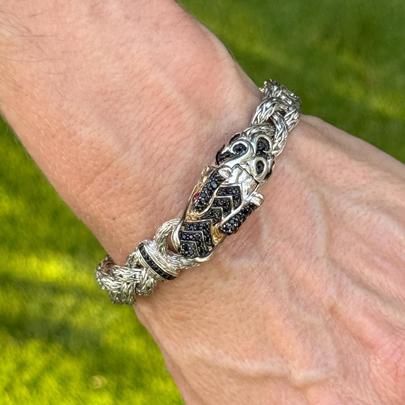 Round Cut John Hardy Dragon Bracelet Braided SS/18KYG Black Sapphires & Ruby Eyes