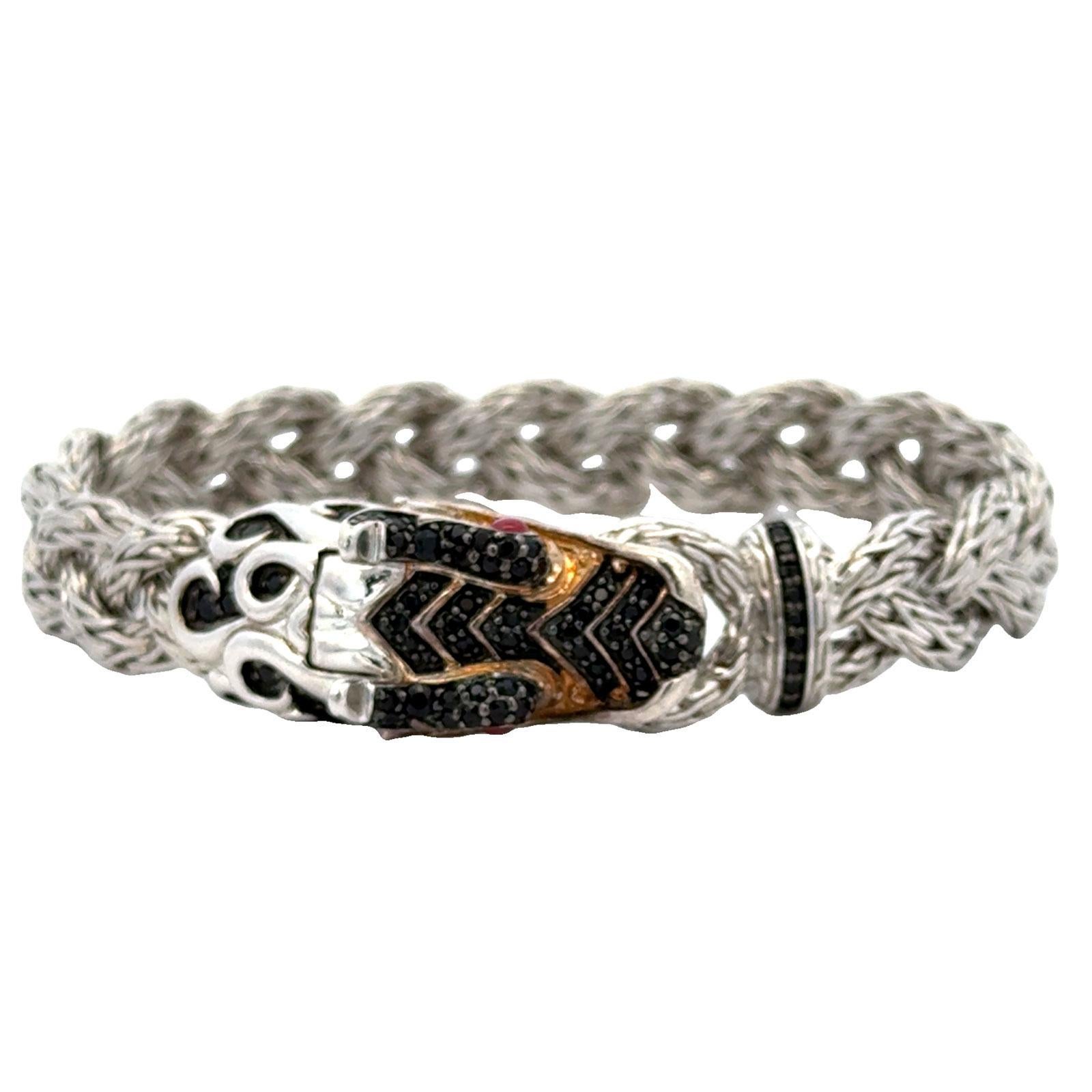 John Hardy Dragon Bracelet Braided SS/18KYG Black Sapphires & Ruby Eyes In Excellent Condition In Boca Raton, FL