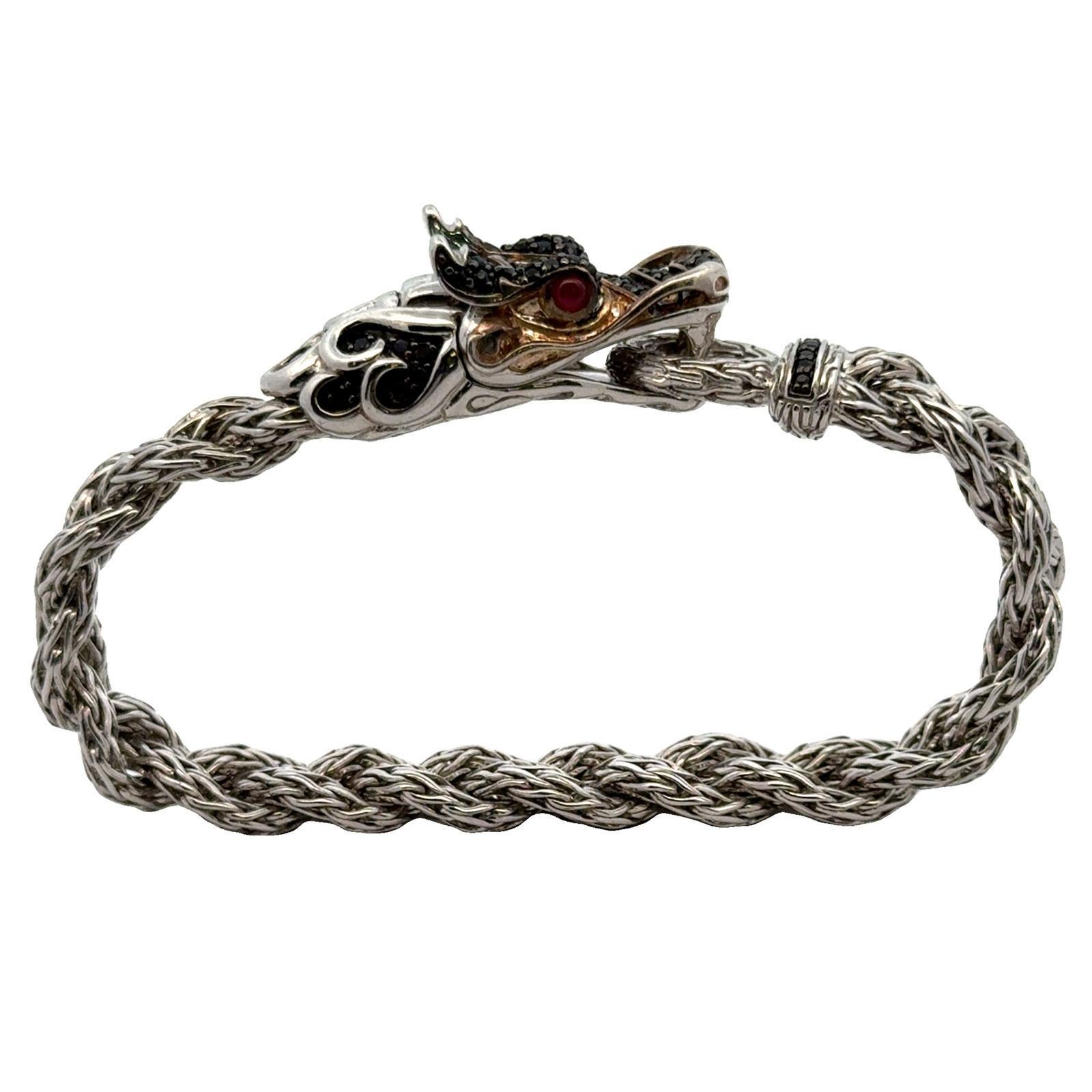 John Hardy Dragon Bracelet Braided SS/18KYG Black Sapphires & Ruby Eyes 1