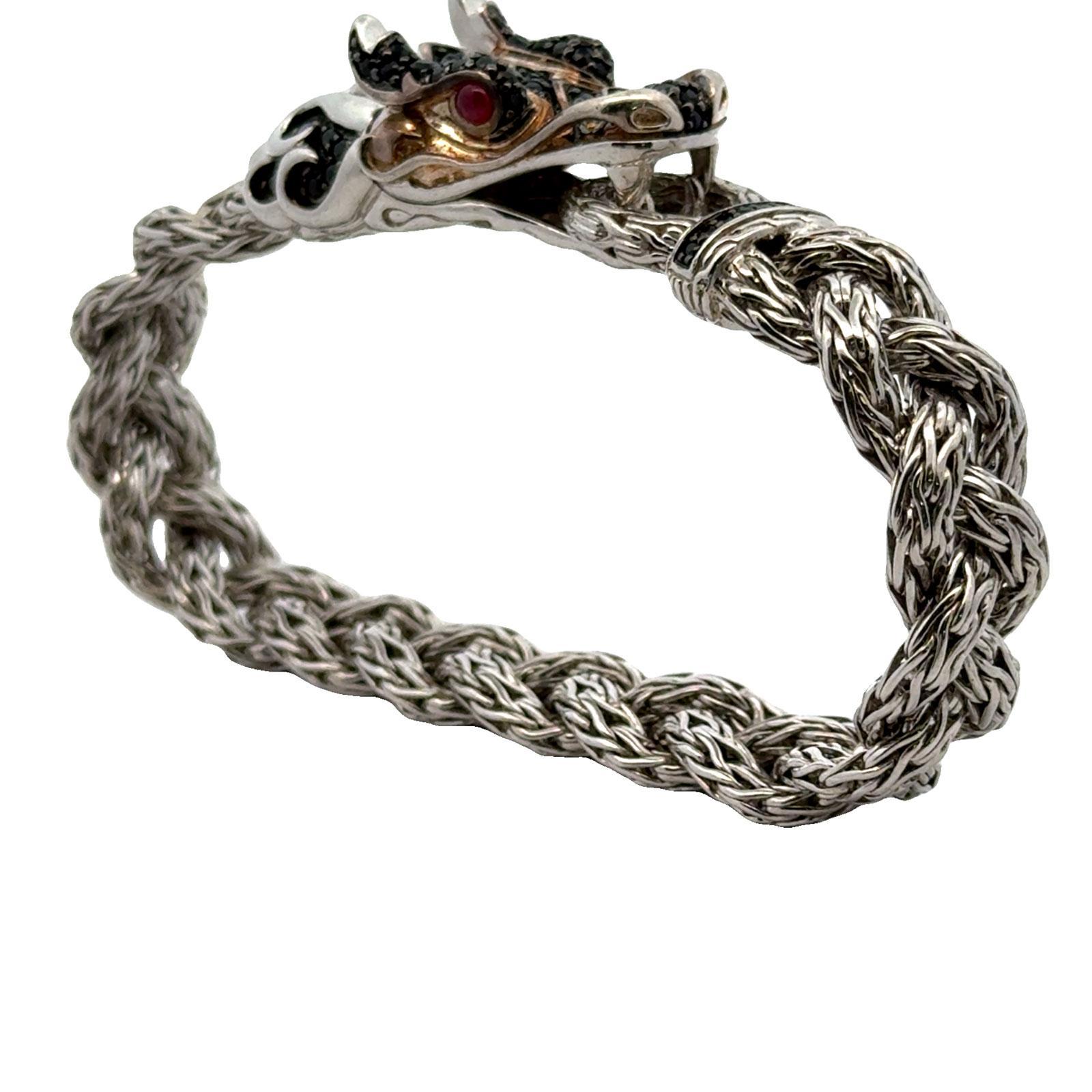John Hardy Dragon Bracelet Braided SS/18KYG Black Sapphires & Ruby Eyes 2