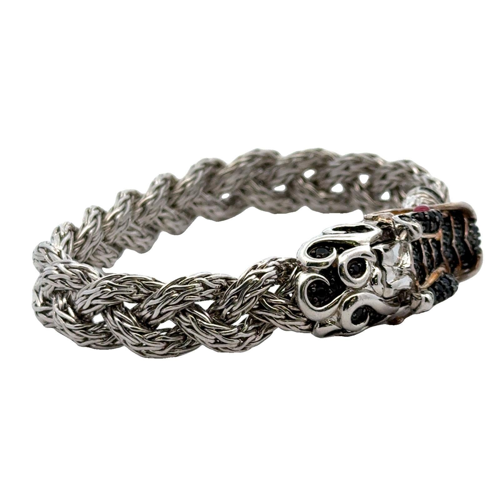 John Hardy Dragon Bracelet Braided SS/18KYG Black Sapphires & Ruby Eyes 3