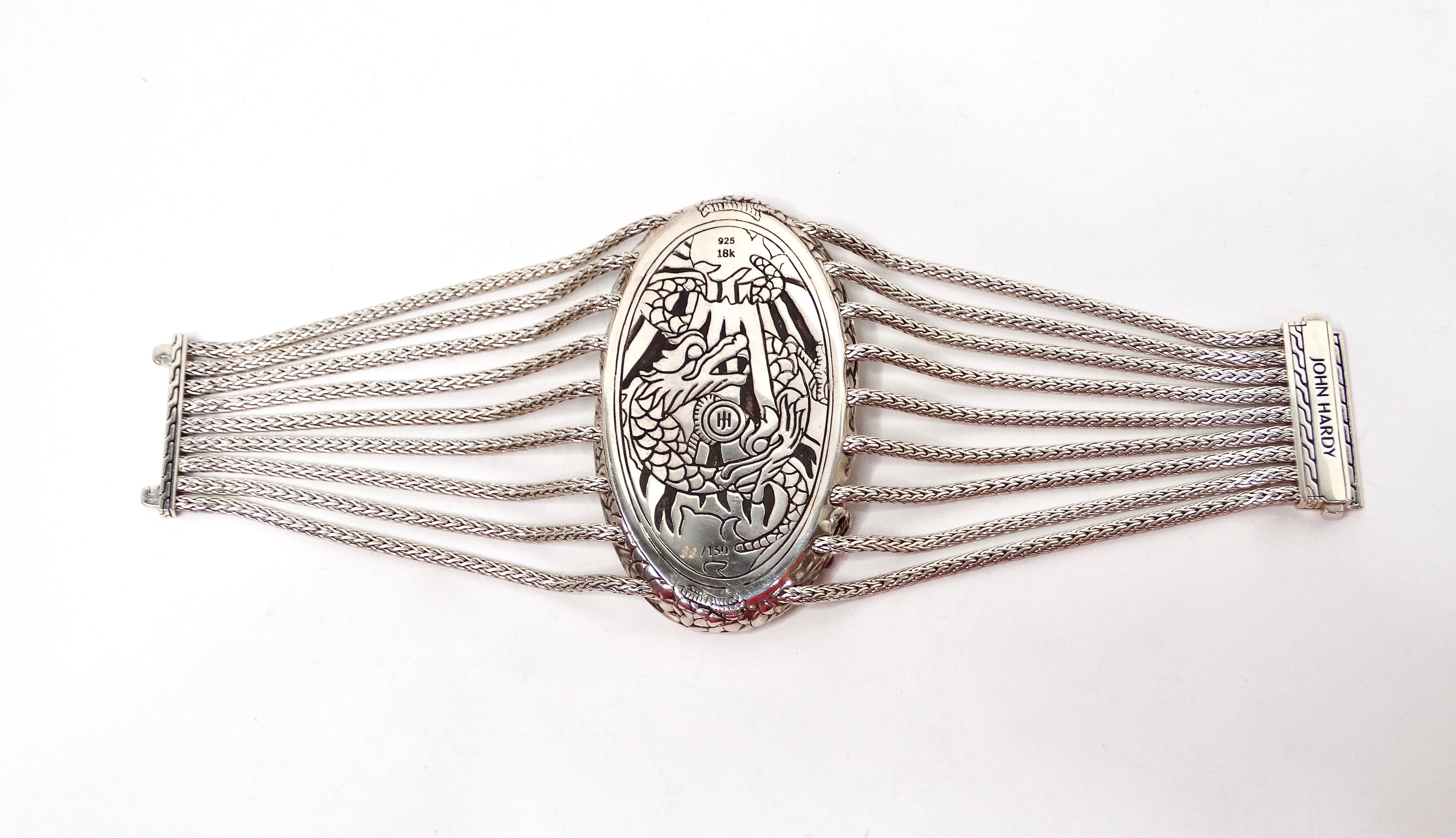 John Hardy Dragon Motif Pendant 18k Gold & Sterling Silver 9-Strand Bracelet In Good Condition For Sale In Scottsdale, AZ