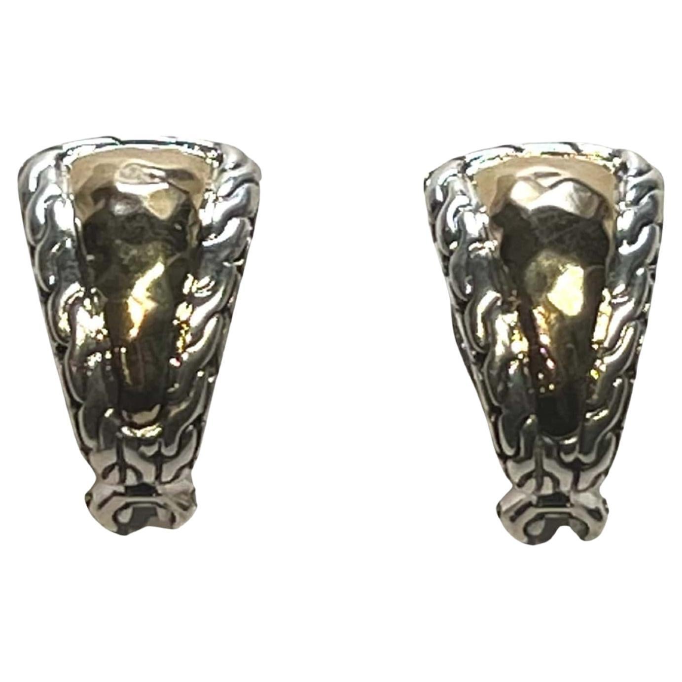 John Hardy Estate Chain Hammered Clip-on Earrings 18k + Silver  For Sale