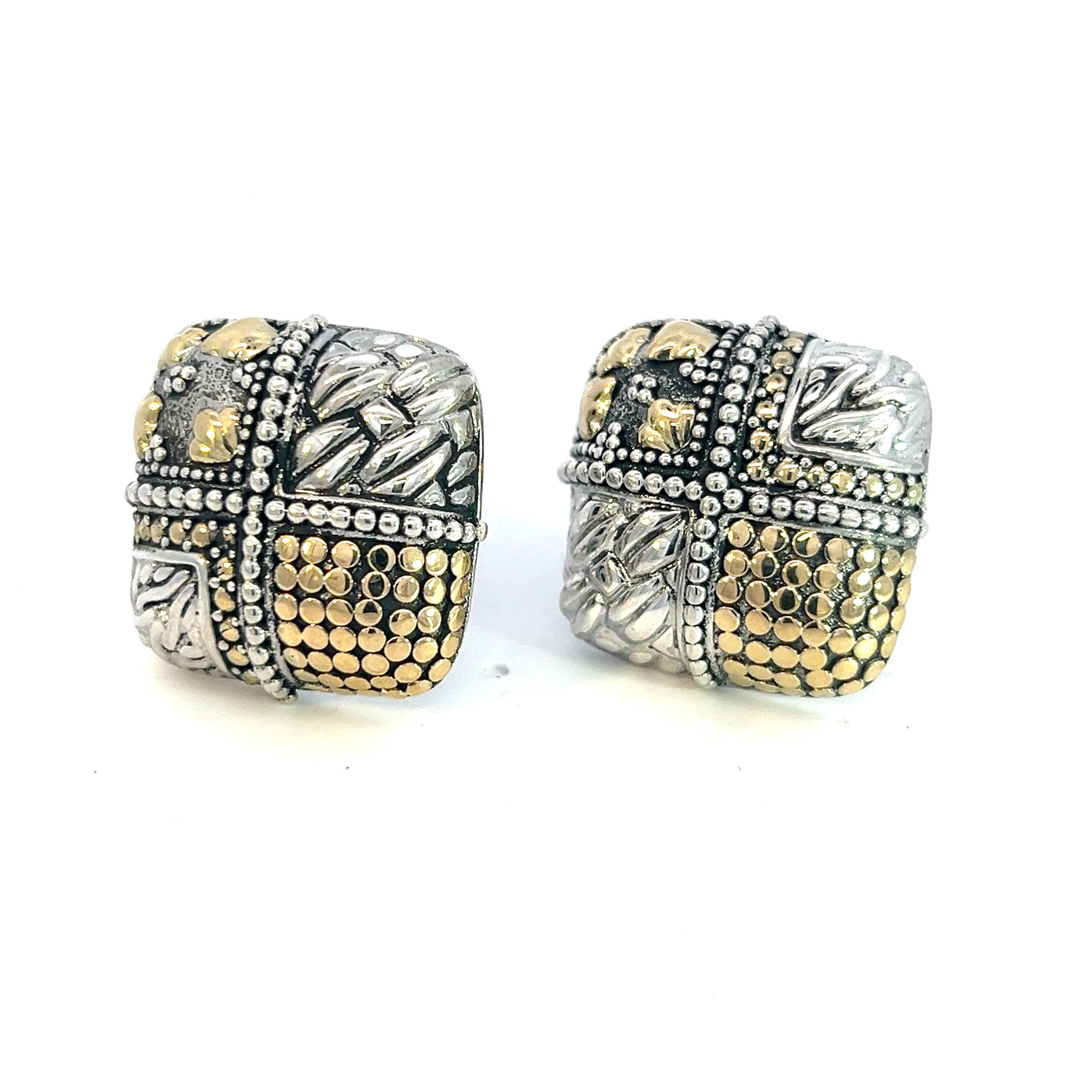 John Hardy Estate Clip on Earrings Sterling Silver 18k Yellow Gold For Sale 2