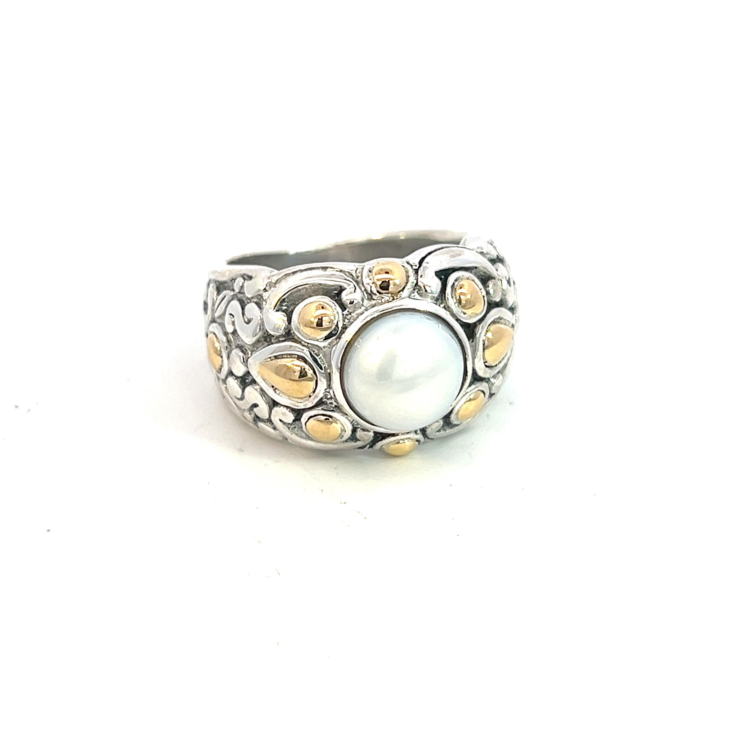 Round Cut John Hardy Estate Pearl Ring Size 6 18k Gold + Silver  For Sale