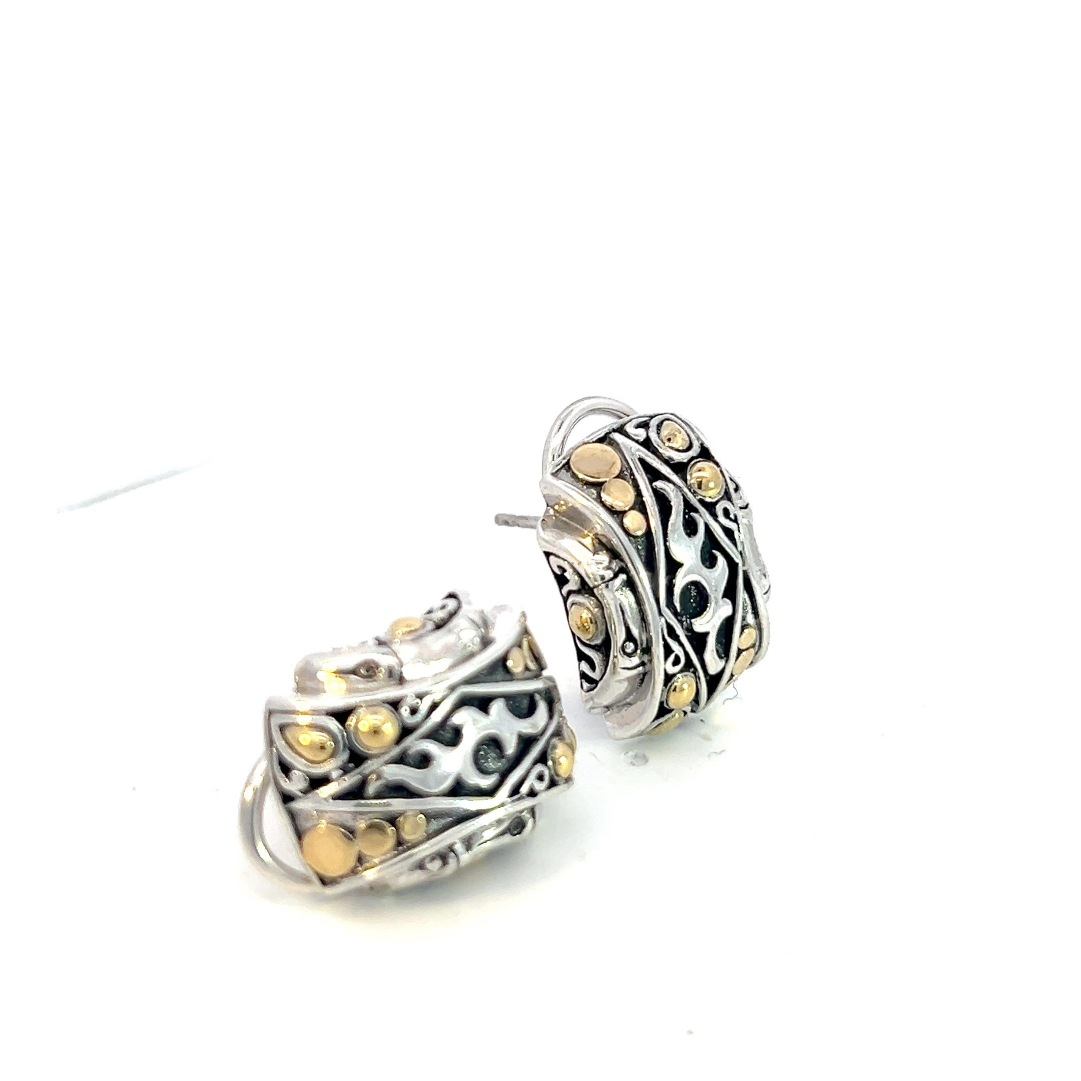 Women's John Hardy Estate Post Omega Back Earrings Sterling Silver 18k Yellow Gold For Sale