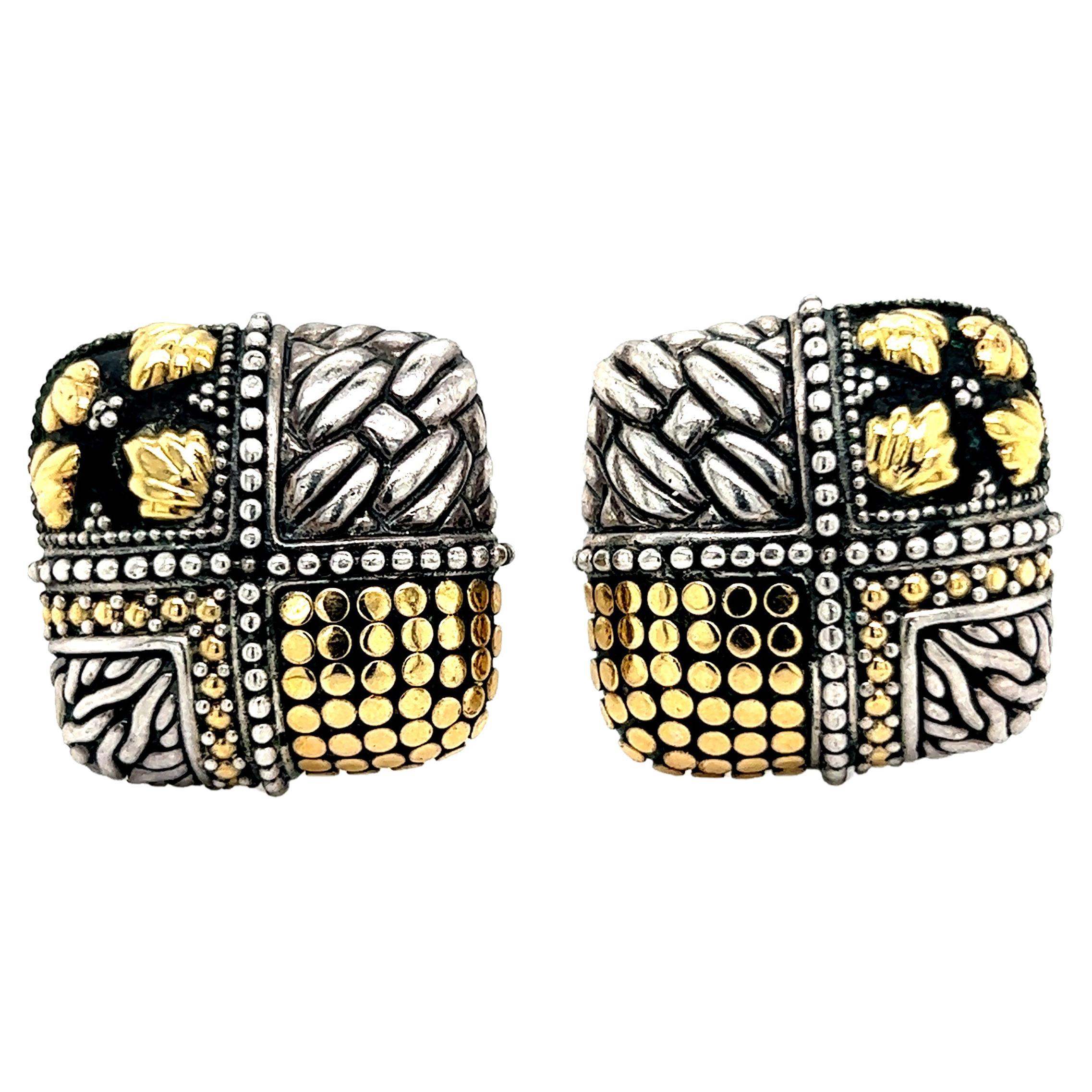 John Hardy Estate Square Ornate Clip-on Earrings 18k Y Gold + Sterling Silver For Sale