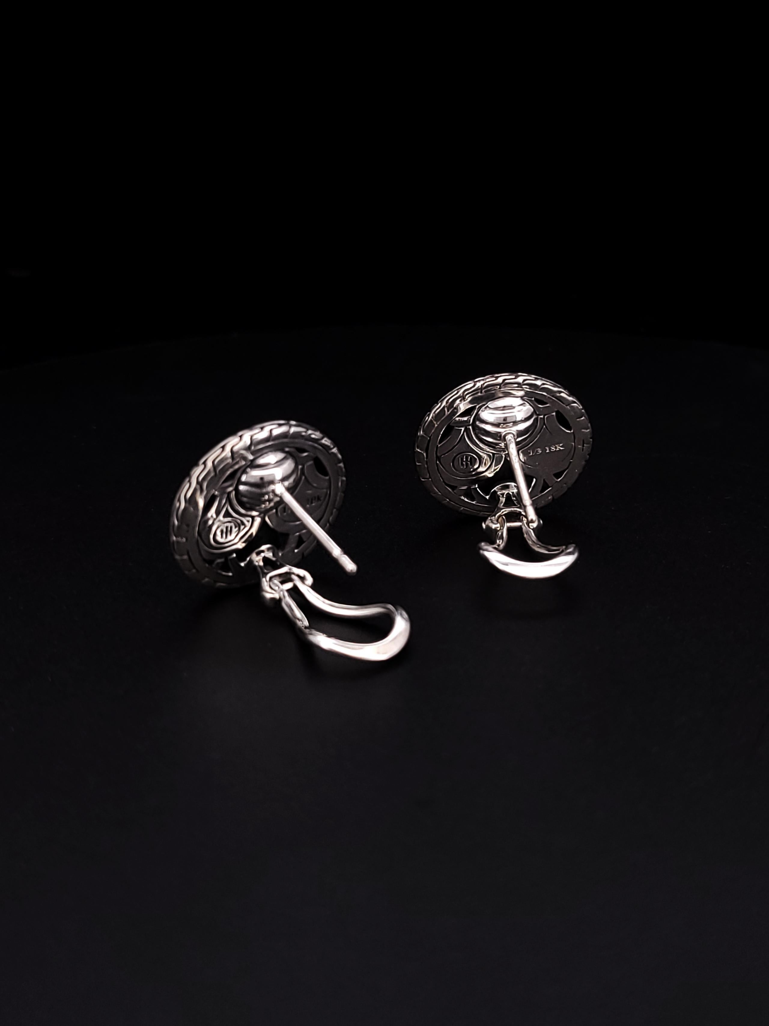 Women's John Hardy Estate Two Tone Clip-On Earrings 18k Gold Silver For Sale