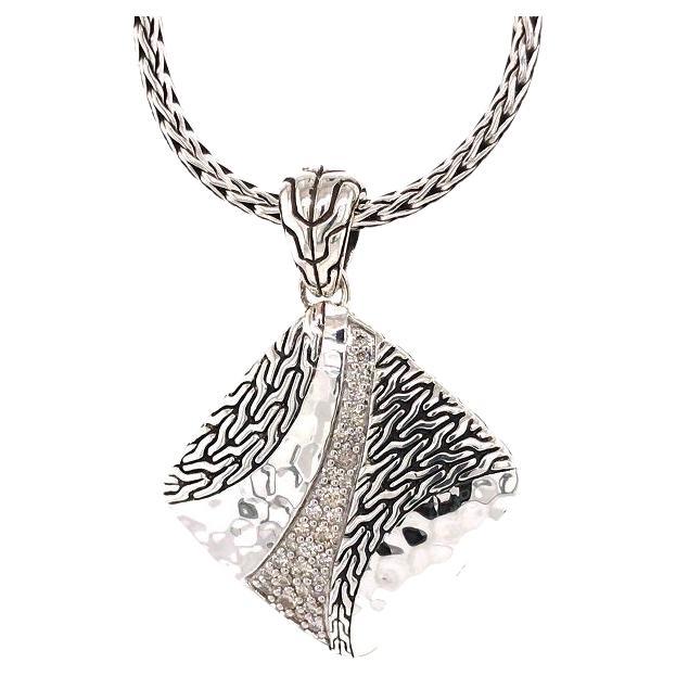 John Hardy Hammered Silver Diamond Pave Square Pendant Necklace NBP9002392DIX18-