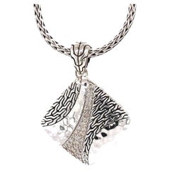 John Hardy Hammered Silver Diamond Pave Square Pendant Necklace NBP9002392DIX18-