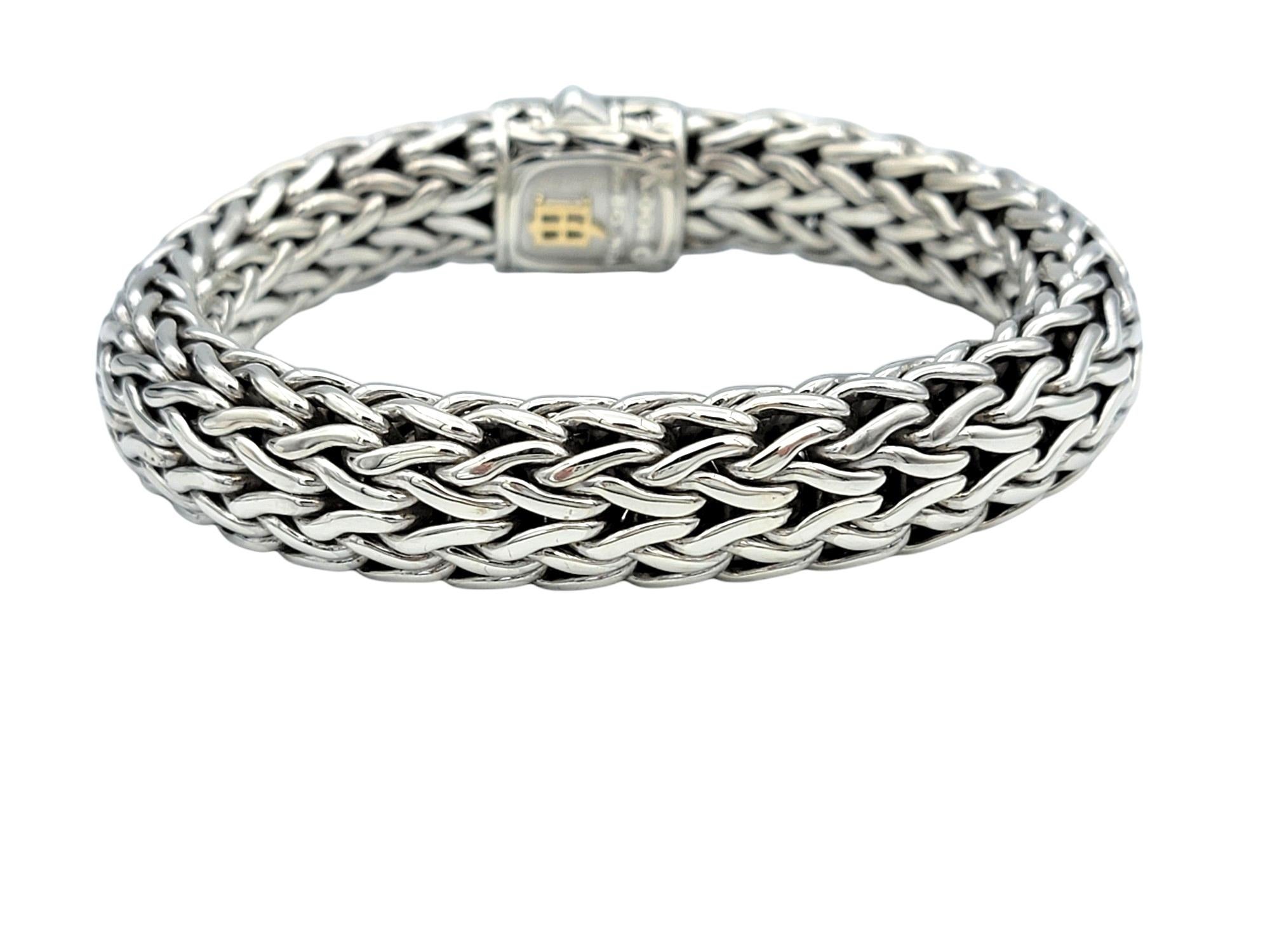 Contemporary John Hardy Icon 13 mm Woven Bracelet with Pavé Diamond Clasp in Sterling Silver For Sale