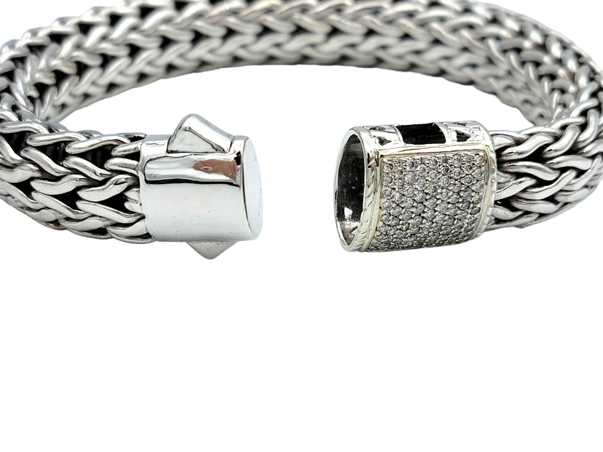 John Hardy Icon 13 mm Woven Bracelet with Pavé Diamond Clasp in Sterling Silver In Good Condition For Sale In Scottsdale, AZ