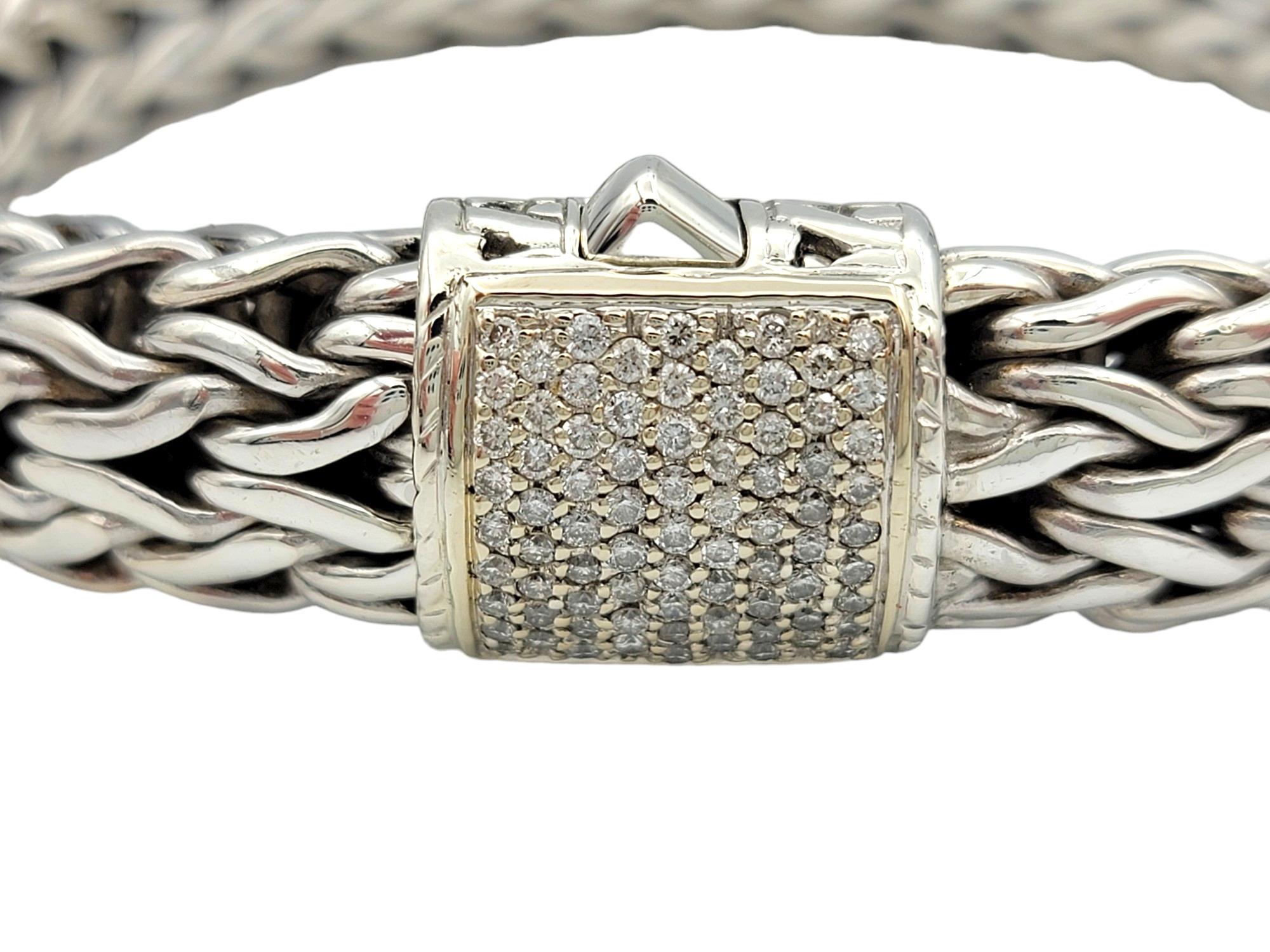 Women's or Men's John Hardy Icon 13 mm Woven Bracelet with Pavé Diamond Clasp in Sterling Silver For Sale