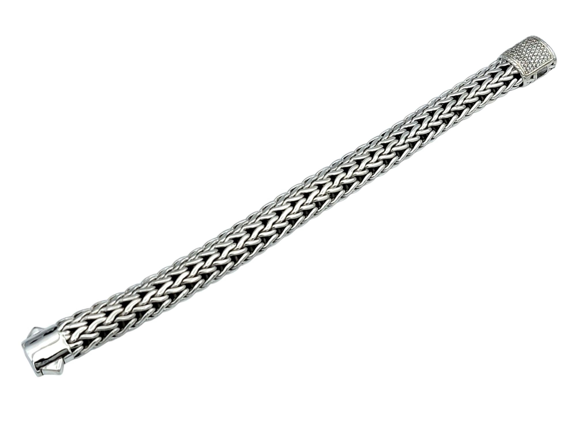 John Hardy Icon 13 mm Woven Bracelet with Pavé Diamond Clasp in Sterling Silver For Sale 1