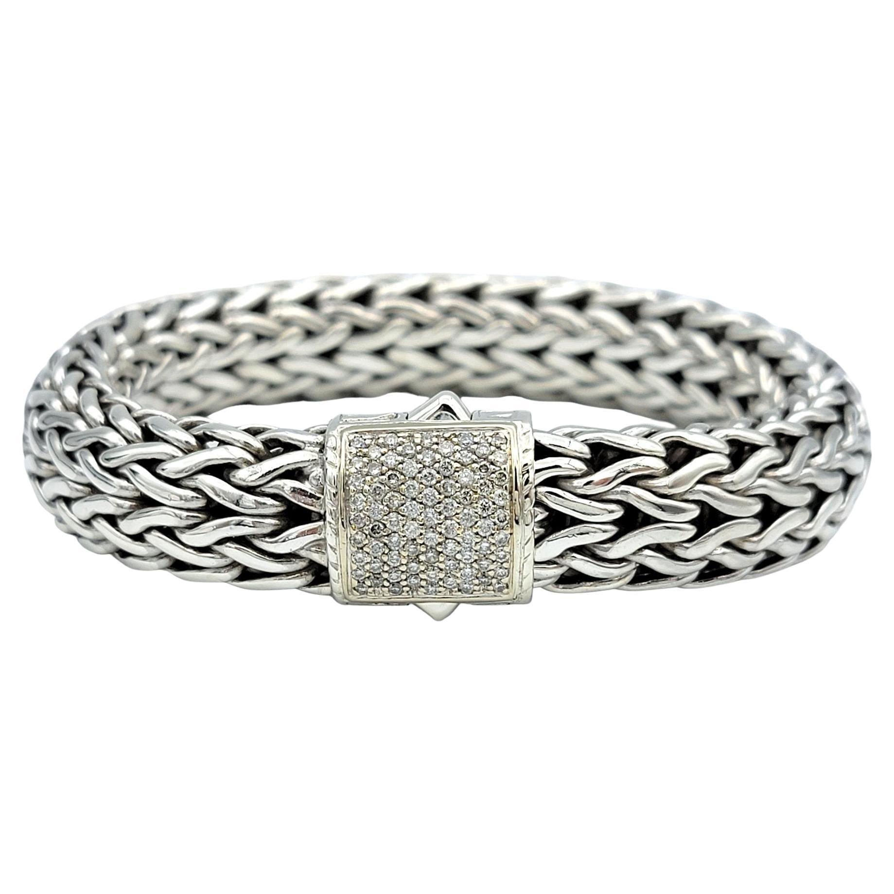 John Hardy Icon 13 mm Woven Bracelet with Pavé Diamond Clasp in Sterling Silver For Sale