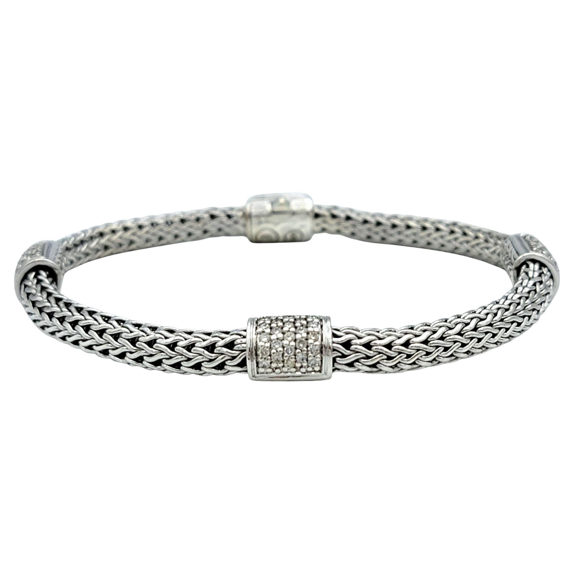 John Hardy Icon Woven Chain Pavé Diamond Station Bracelet in 925 Sterling Silver