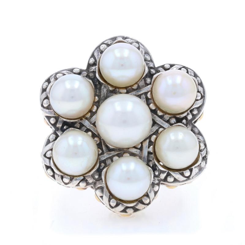 Size: 7
Sizing Fee: Up 1 1/2 sizes for $40

Brand: John Hardy
Collection: Jaisalmer

Metal Content: Sterling Silver & 18k Yellow Gold

Stone Information

Cultured Pearls
Color: White

Style: Cluster Cocktail

Measurements

Face Height (north to