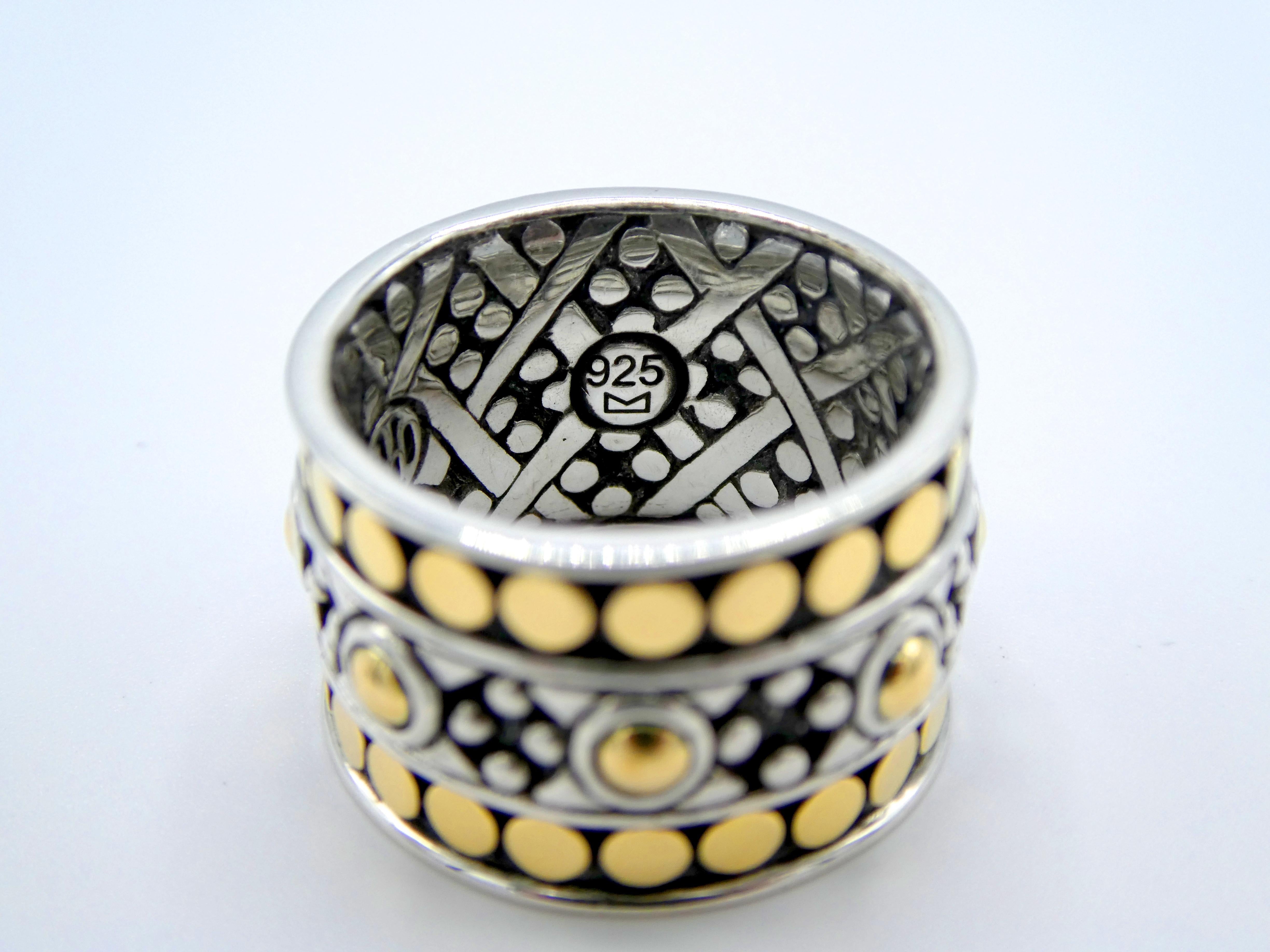 Modern John Hardy Jaisalmer Dot 18k Yellow Gold Sterling Silver Wide Ring Band