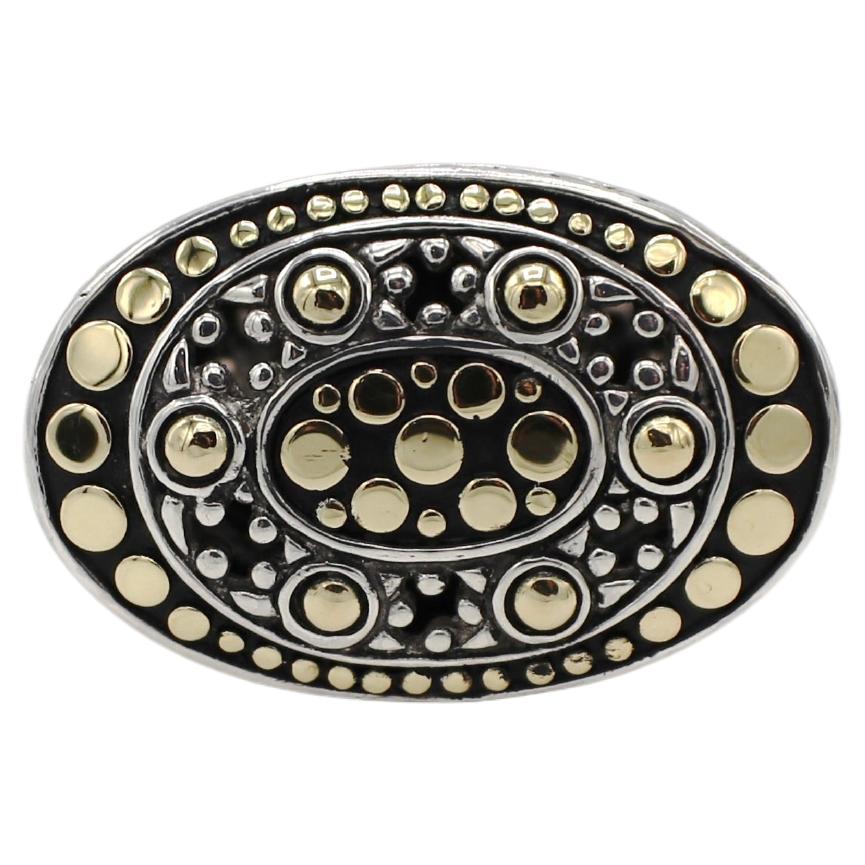 John Hardy Jaisalmer Sterling Silver & 18K Yellow Gold Oval Dot Dome Ring 
Metal: Sterling silver & 18k yellow gold
Weight: 21.6 grams
Top: 19.5 x 29.5mm
Size: 7 (US)
TD F35000695
