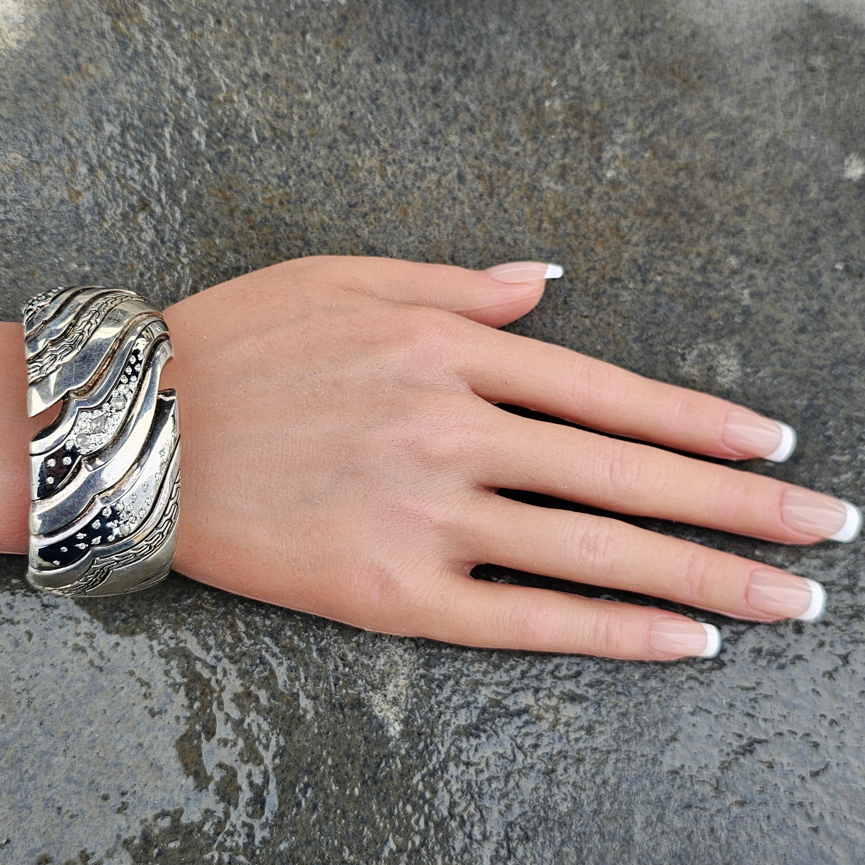 Rose Cut John Hardy Lahar Diamond Kick Cuff Bangle Bracelet .47ct Sterling Silver 3300 For Sale