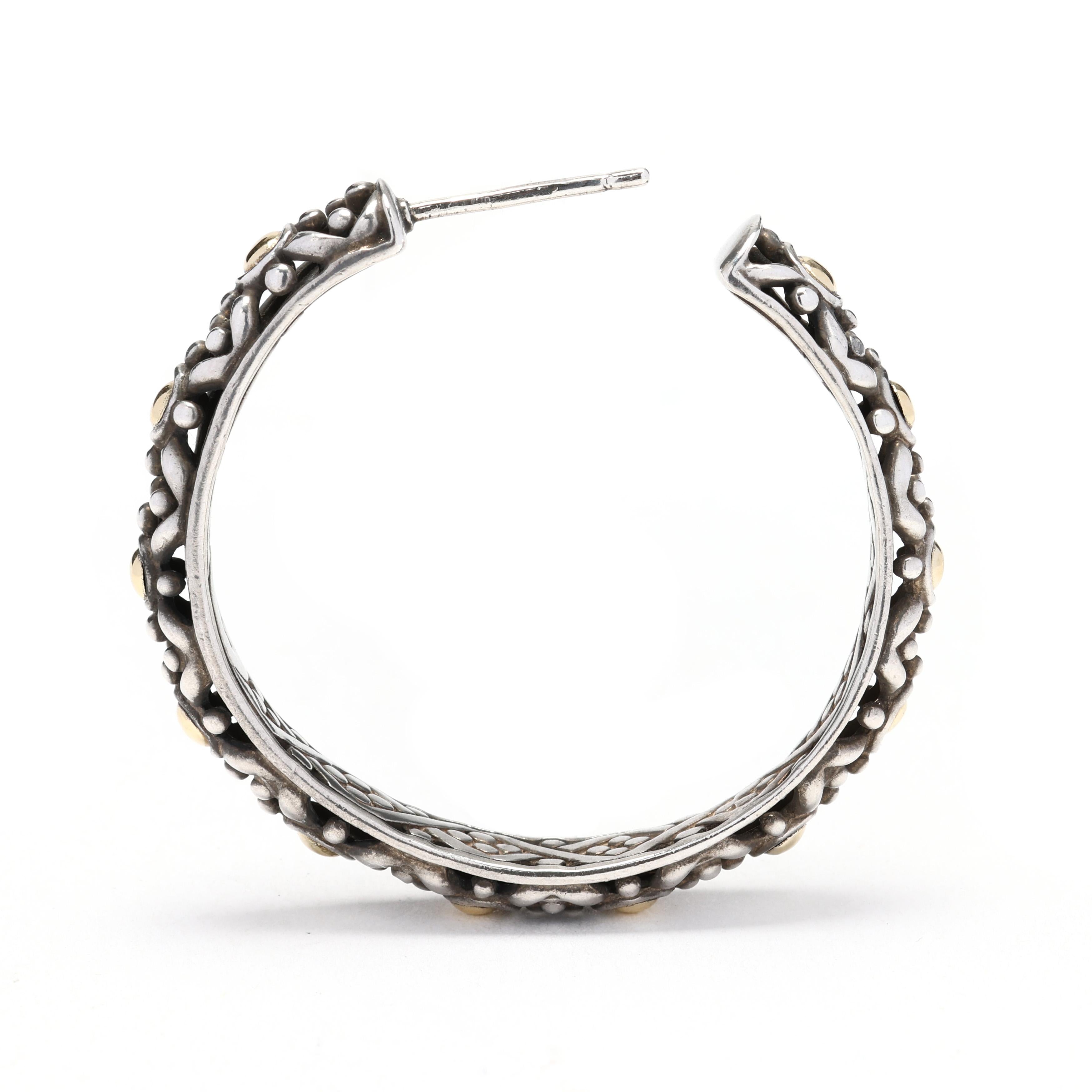 John Hardy Large Dot Hoops, 18k Yellow Gold Sterling Silver, Hoop Earrings In Good Condition In McLeansville, NC
