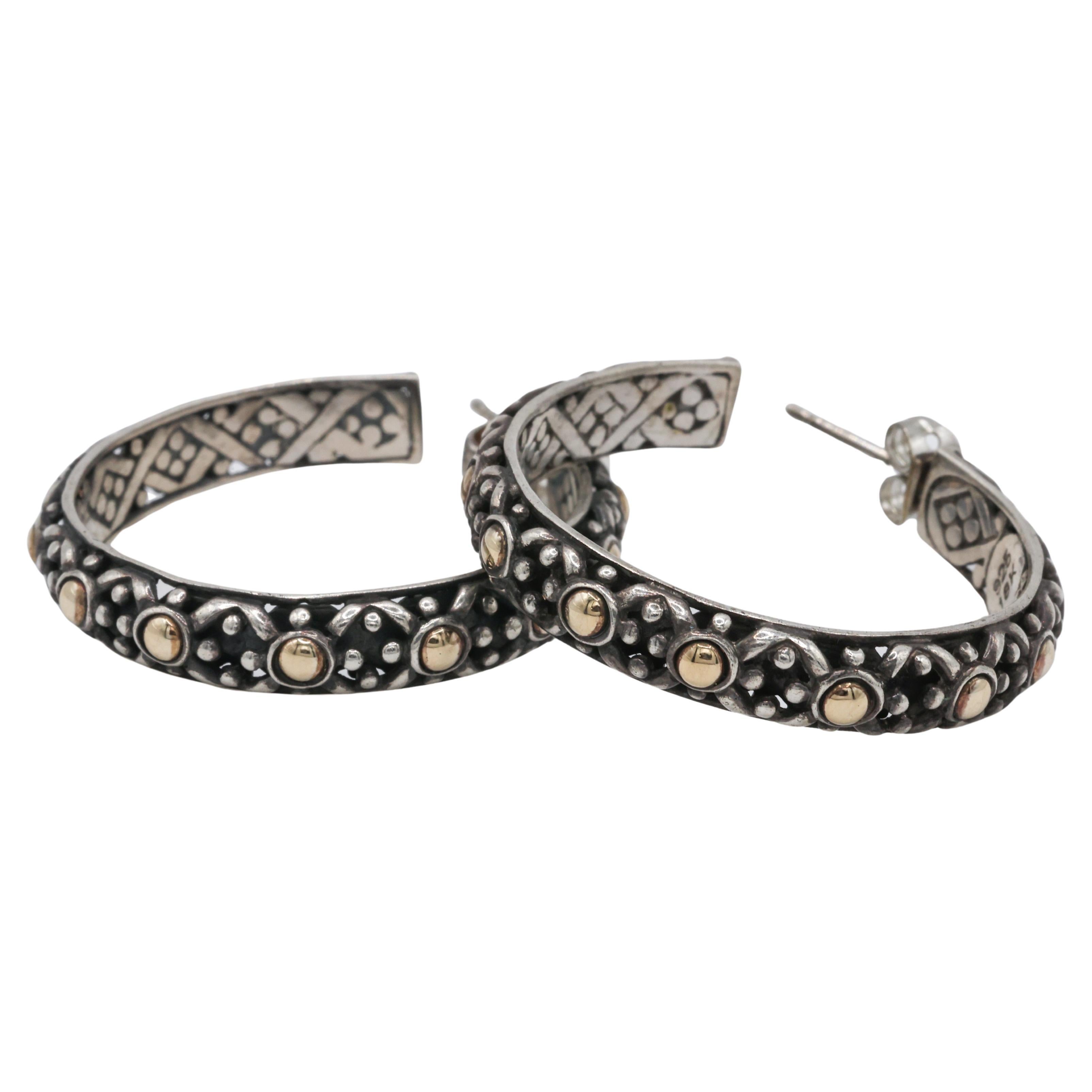 John Hardy Aros Dot Dot Grandes, Oro amarillo de 18 quilates, Plata de ley, Pendientes de aro