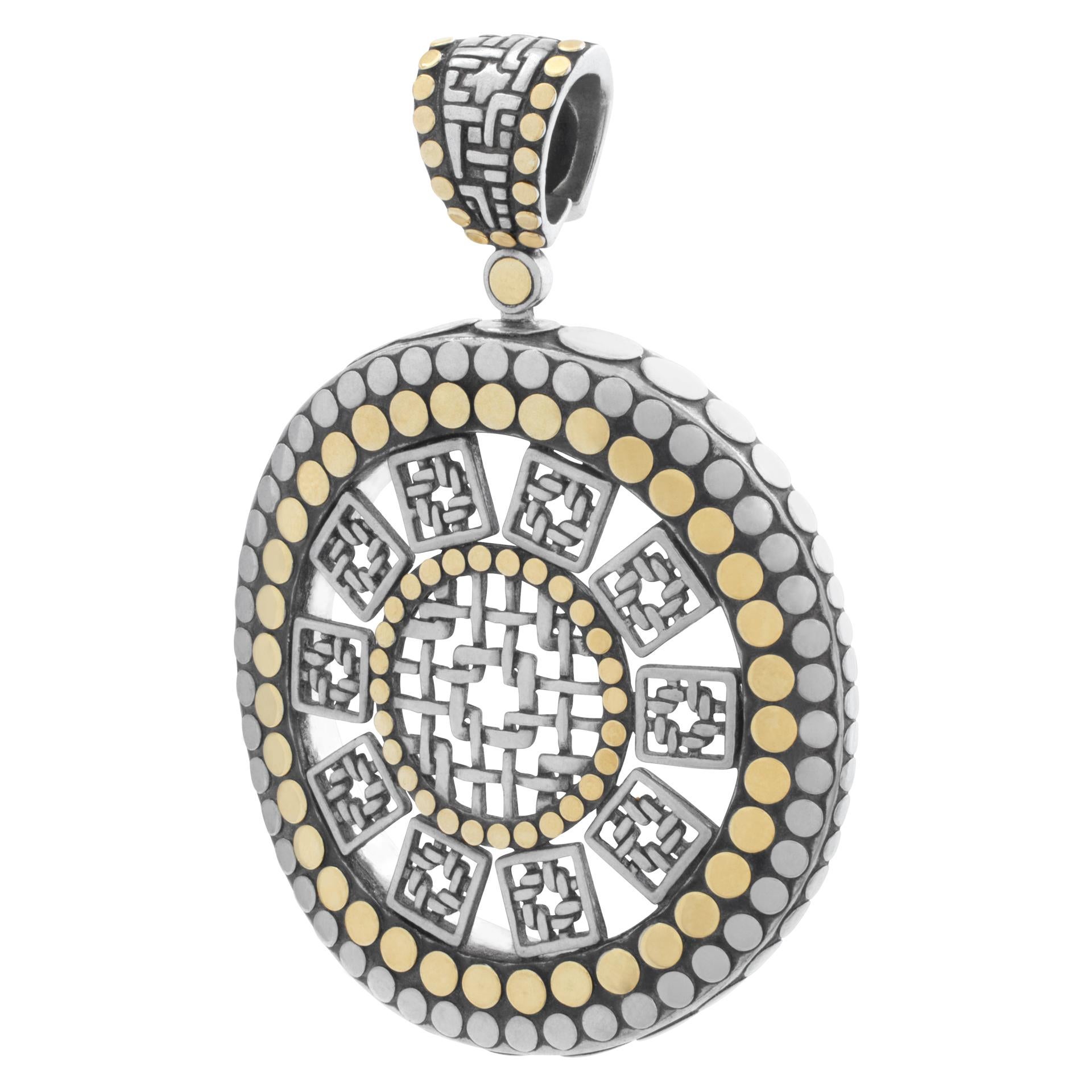 John Hardy large dot pendant in sterling silver and 18k yellow gold. 56 mm x 54 mm. Hinged bale for easy wear.
