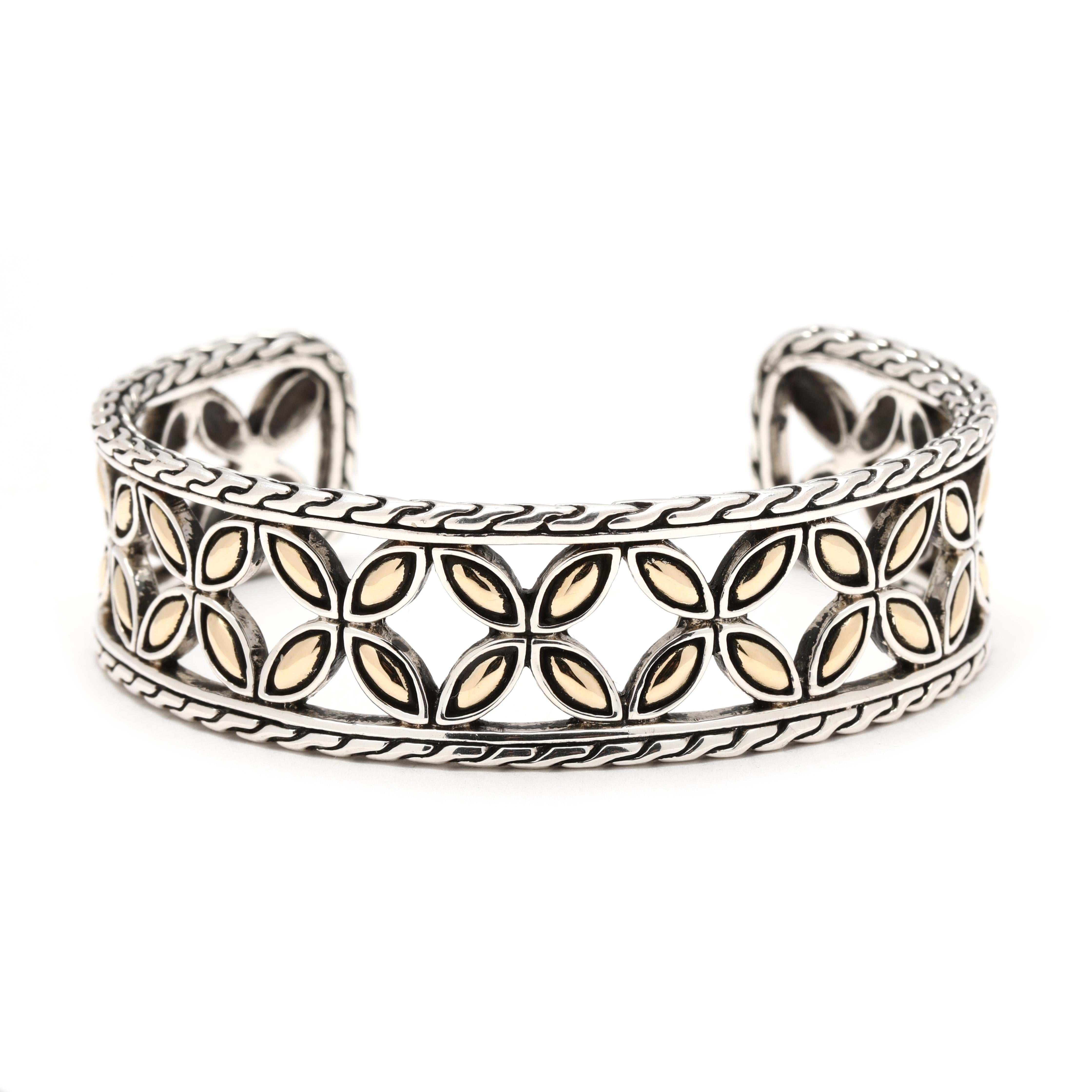 John Hardy Leaf Cuff Bracelet, Sterling Silver, 18k Yellow Gold, 6.25 Inches For Sale
