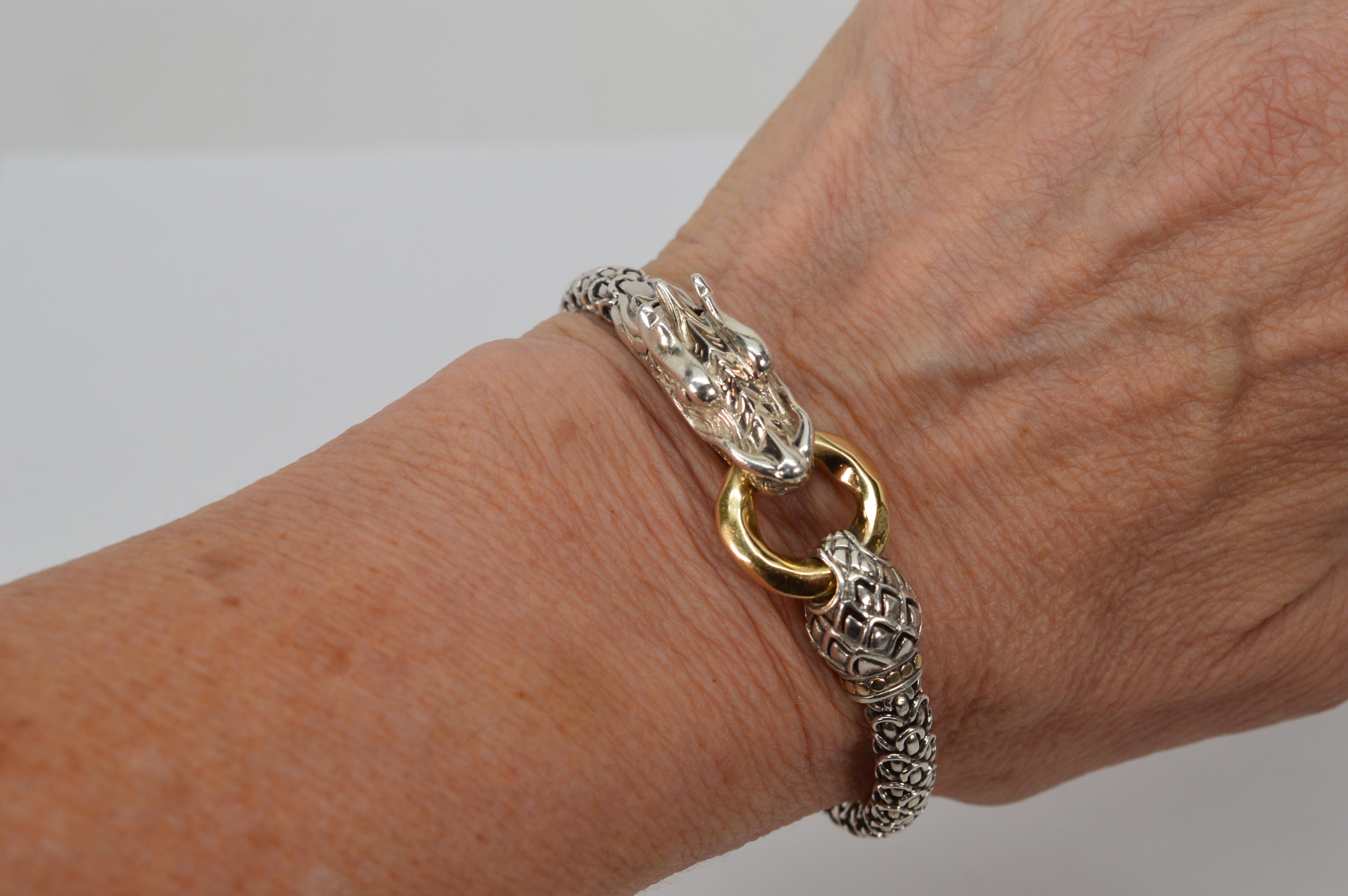 From the Legends Collection by John Hardy, enjoy this dramatic bracelet design in flexible sterling silver 6.5mm rope chain fashioned in a reptilian style pattern.  In the language of Balinese the words for “Dragon,”  is Naga representing a