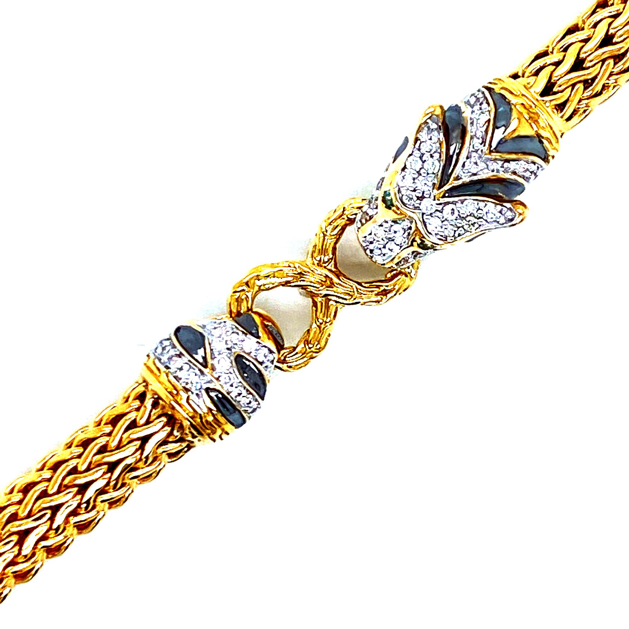 Fabulous diamond panther bracelet is part of the Legends collection designed by John Hardy. The classic link bracelet features a diamond panther top. The bracelet measures 6 inches in length without the clasp (for a small wrist), and 6-9mm in width.