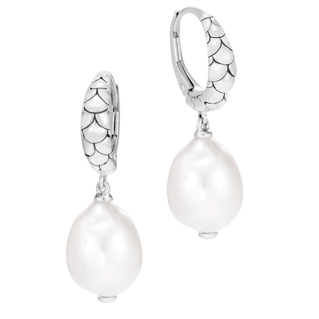 John Hardy Legends Naga Silver Pearl Drop Earrings featuring a pear shaped cultured pearl. The earrings have a total length of 1.05