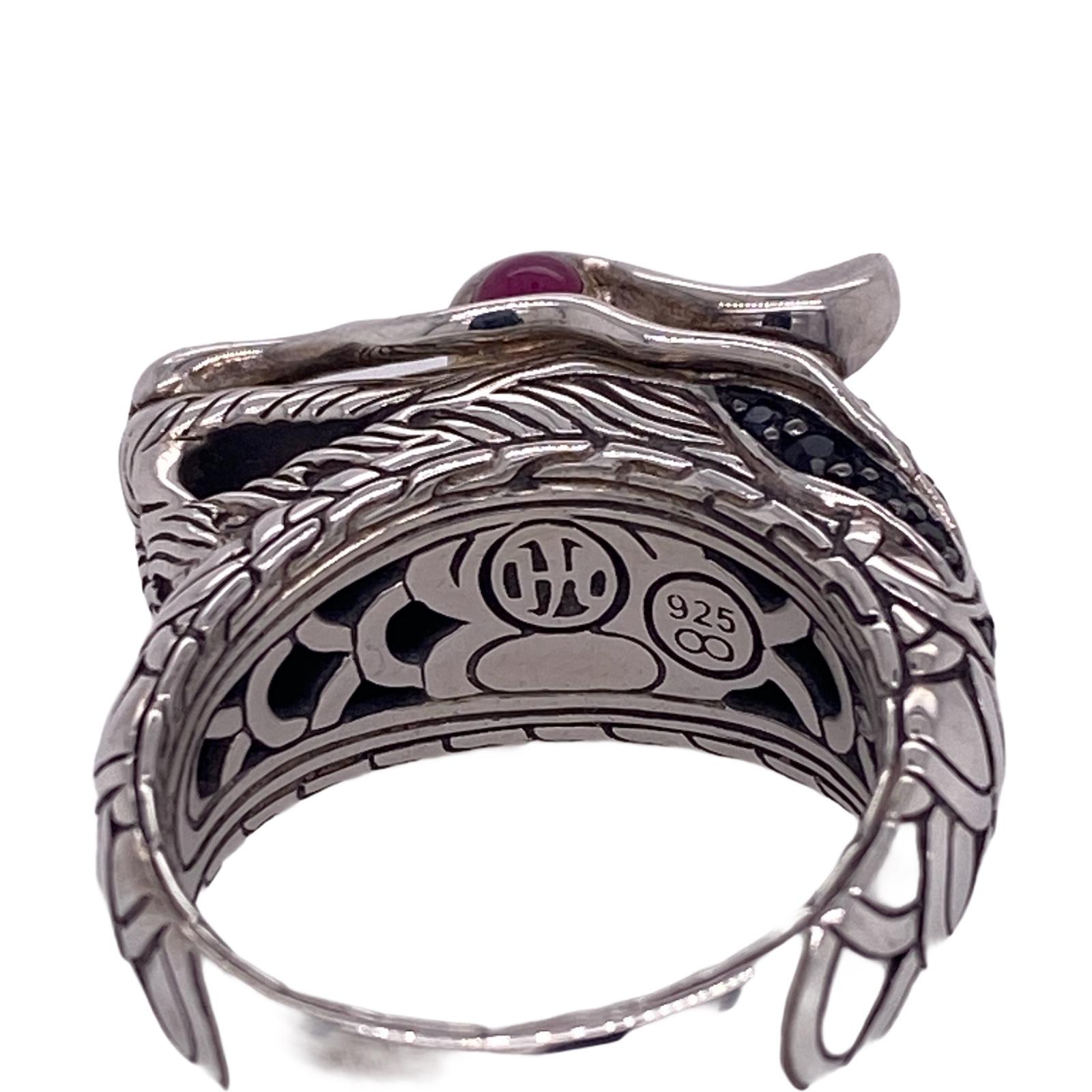Round Cut John Hardy Legends of Naga Dragon Ring Sterling Silver Black Sapphire Accents