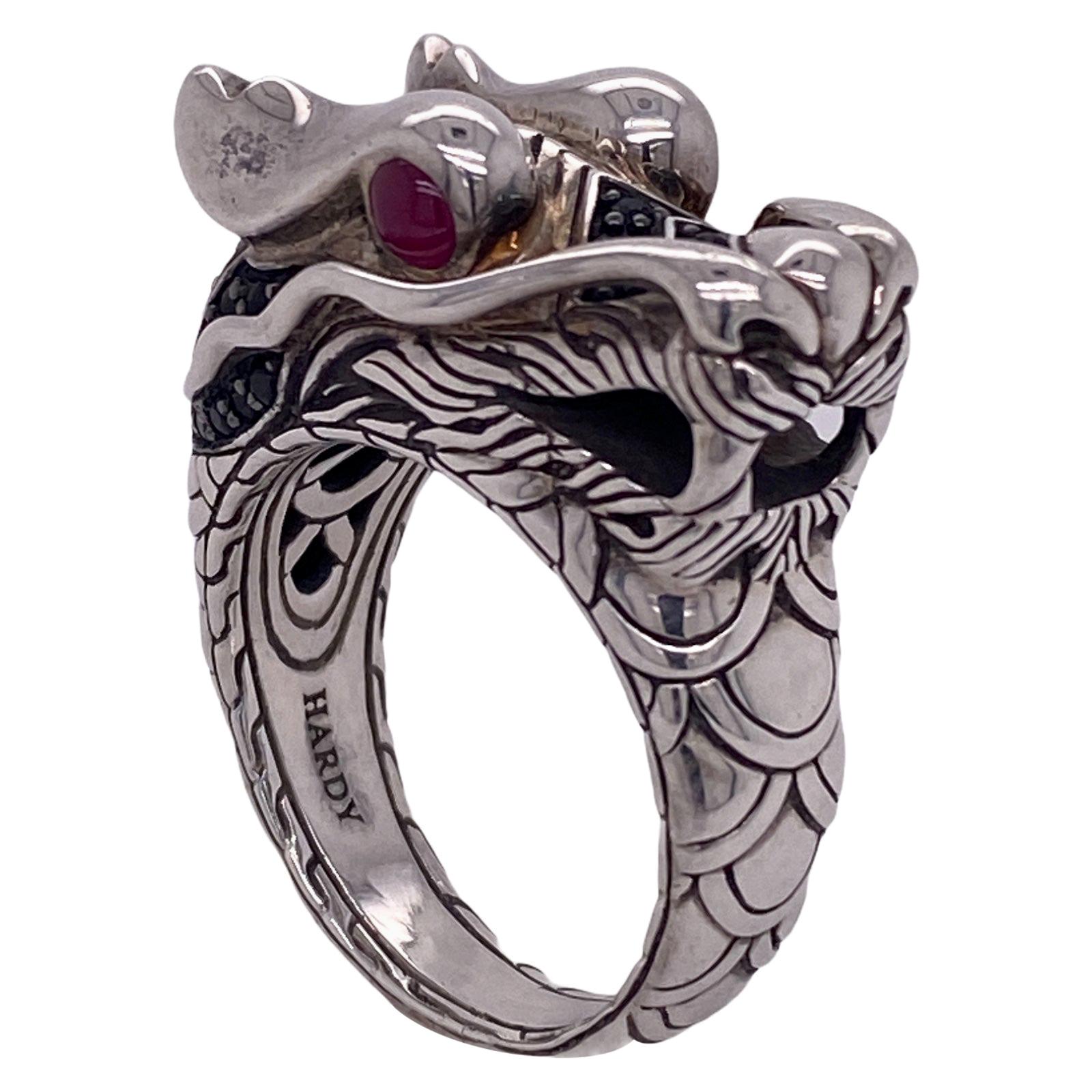 John Hardy Legends of Naga Dragon Ring Sterling Silver Black Sapphire Accents