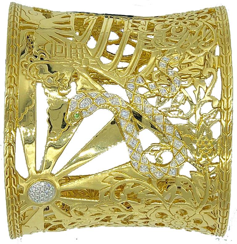 A very rare statement piece from John Hardy. Legends Cobra 18K Gold and pave diamond cuff from the 