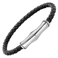 John Hardy Men's Bamboo Silver Bracelet on Black Braided Leather with Magnet