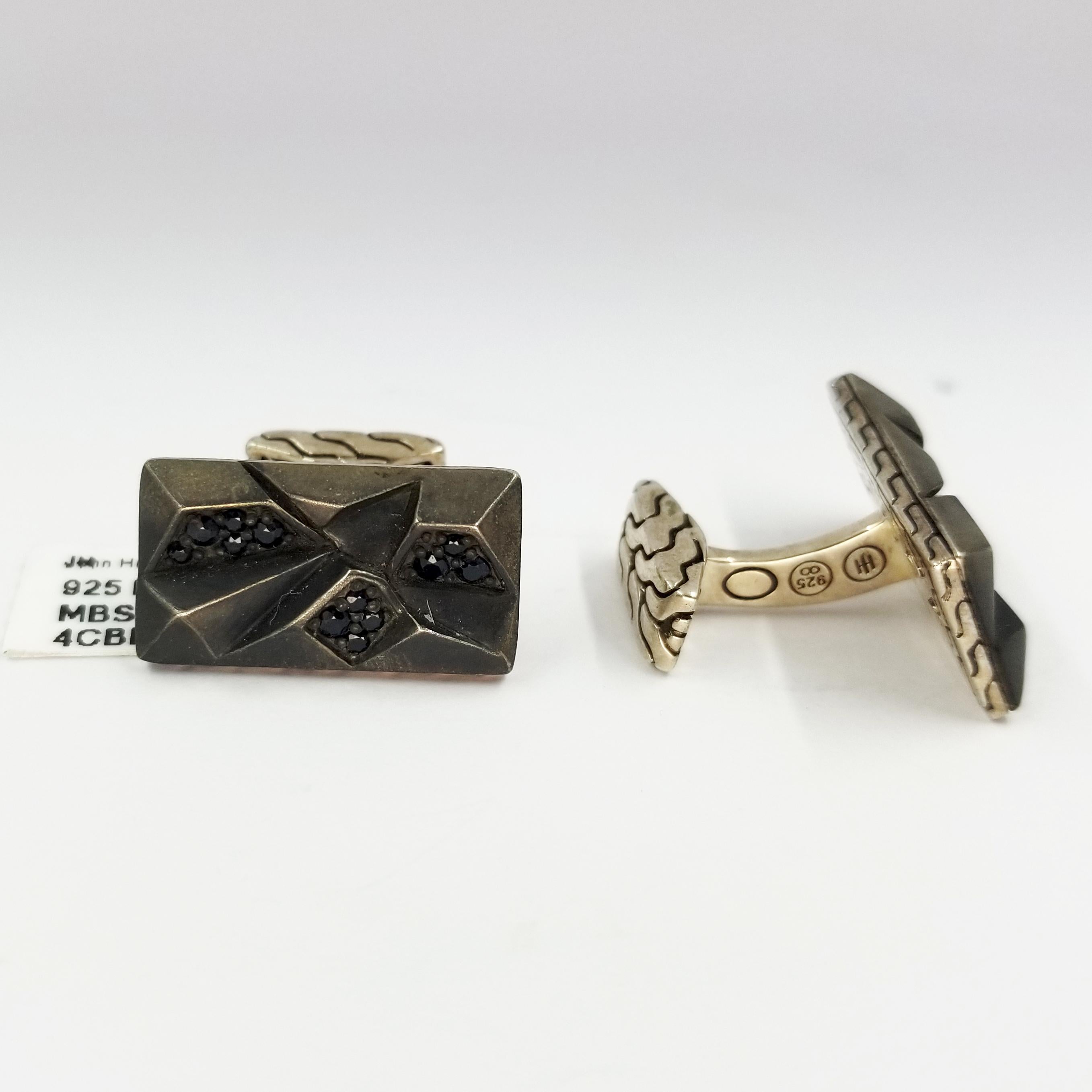 NEW Sterling Silver Cufflinks from Fine Jeweler, John Hardy in Bali
Rectangular Top Design with Classic Chain Motif Set with Faceted Black Sapphires
Black Antique Finish
Torpedo Style Backs
Stamped: JH JOHN HARDY 925
Comes with original pouch,