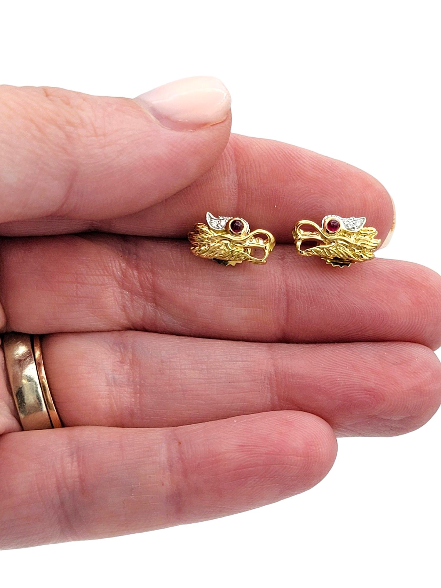 John Hardy Naga Legend 18 Karat Dragon Head Stud Earrings with Diamonds & Rubies For Sale 1
