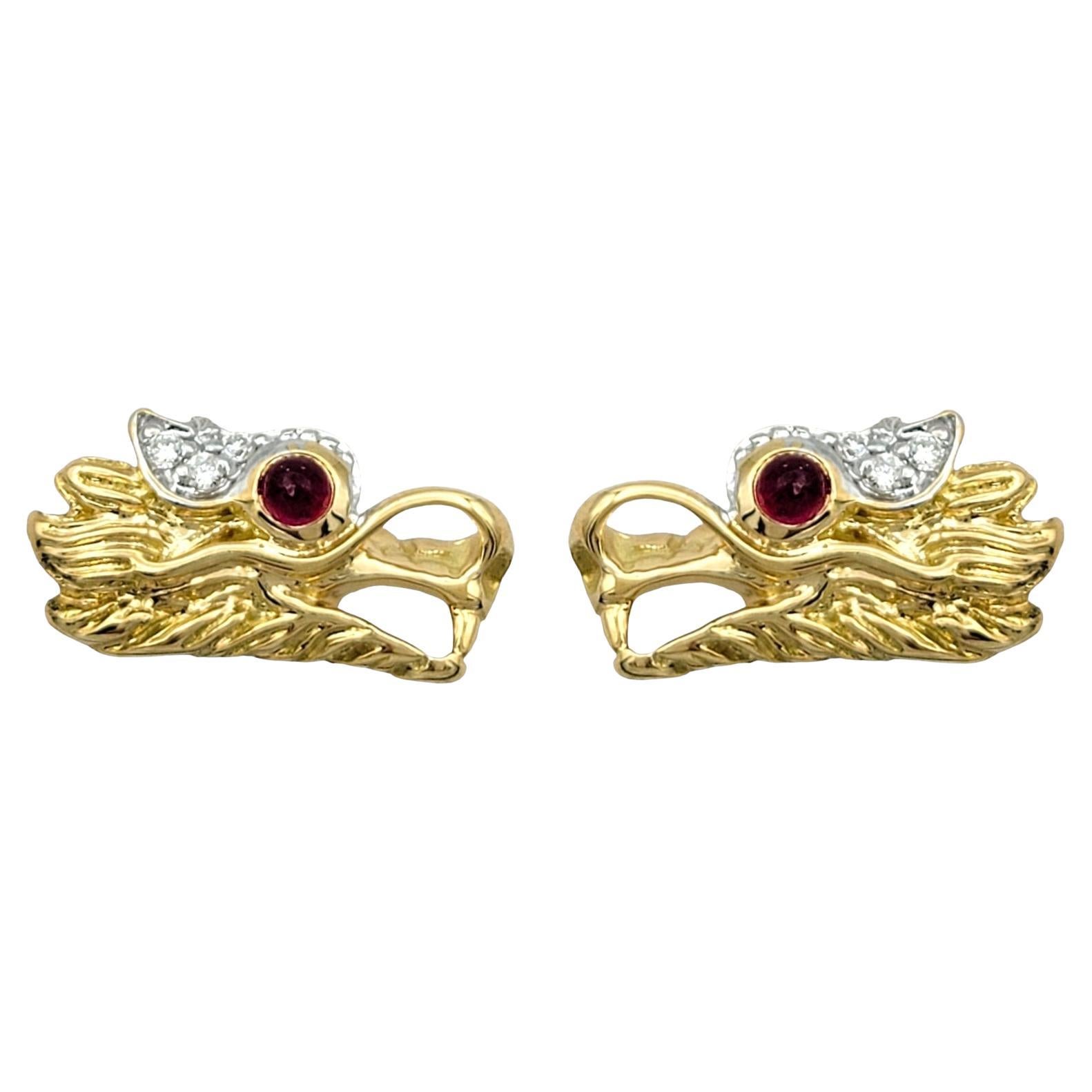 John Hardy Naga Legend 18 Karat Dragon Head Stud Earrings with Diamonds & Rubies For Sale