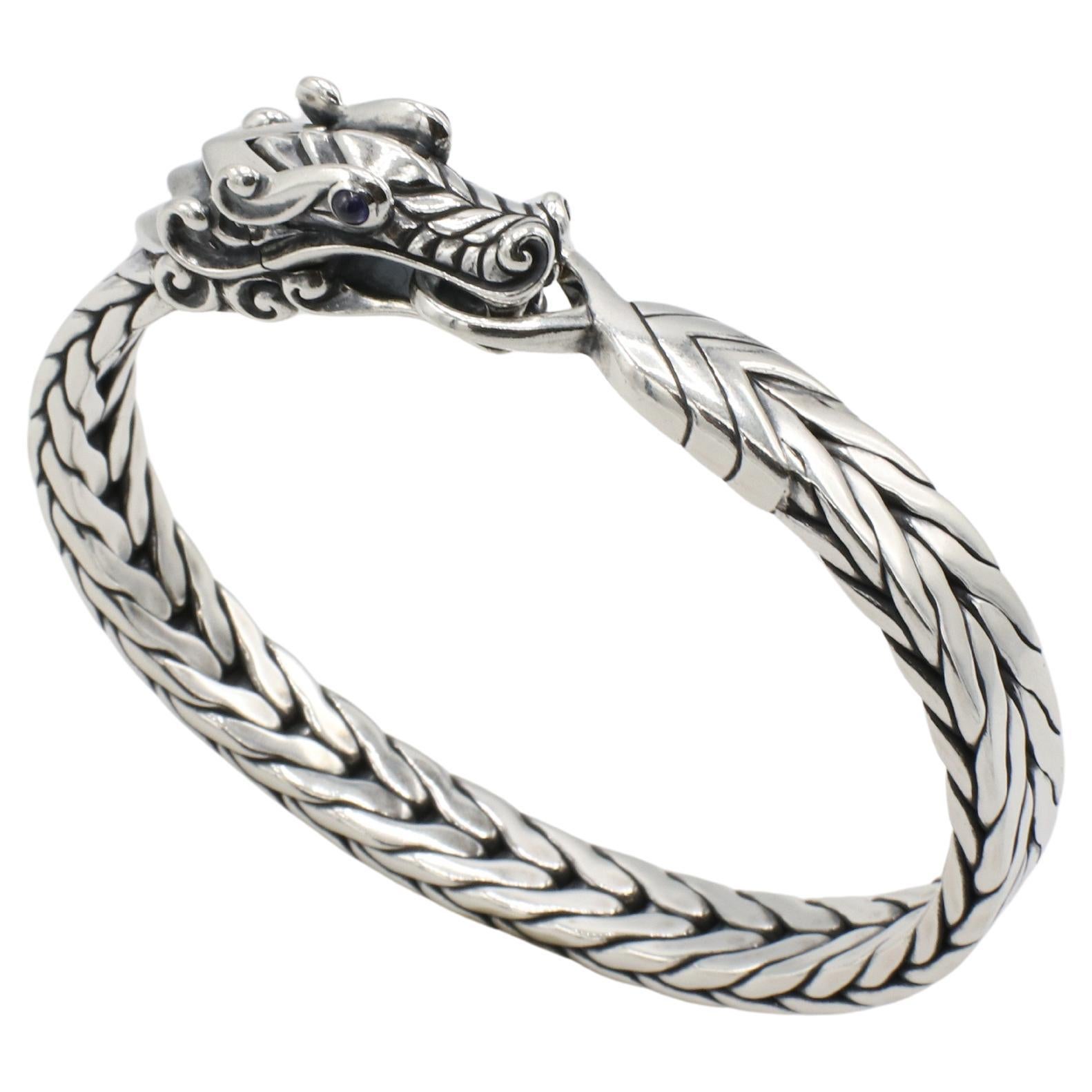 John Hardy Naga Sterling Silver Dragon Head Woven Chain Bangle Bracelet