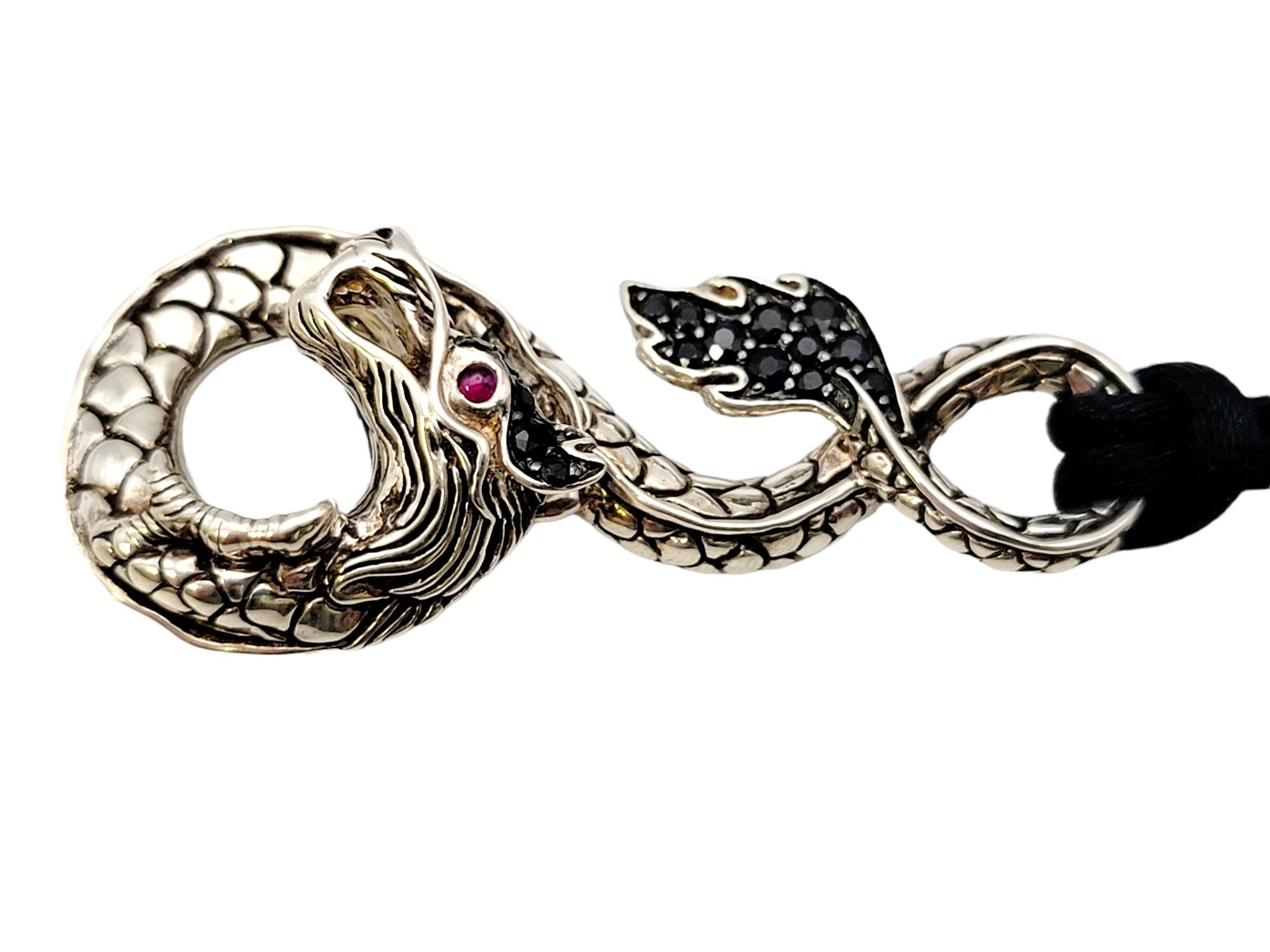 John Hardy Naga Sterling Silver Dragon Pendant Necklace on Black Silk Cord In Excellent Condition In Scottsdale, AZ