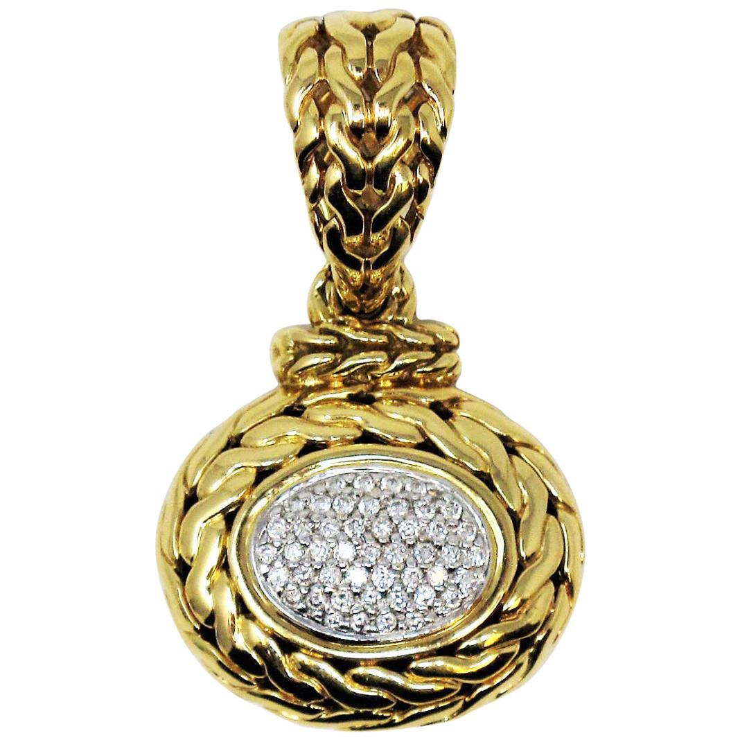 John Hardy Oval Shaped Pave Diamond Pendant / Enhancer 18 Karat Yellow Gold