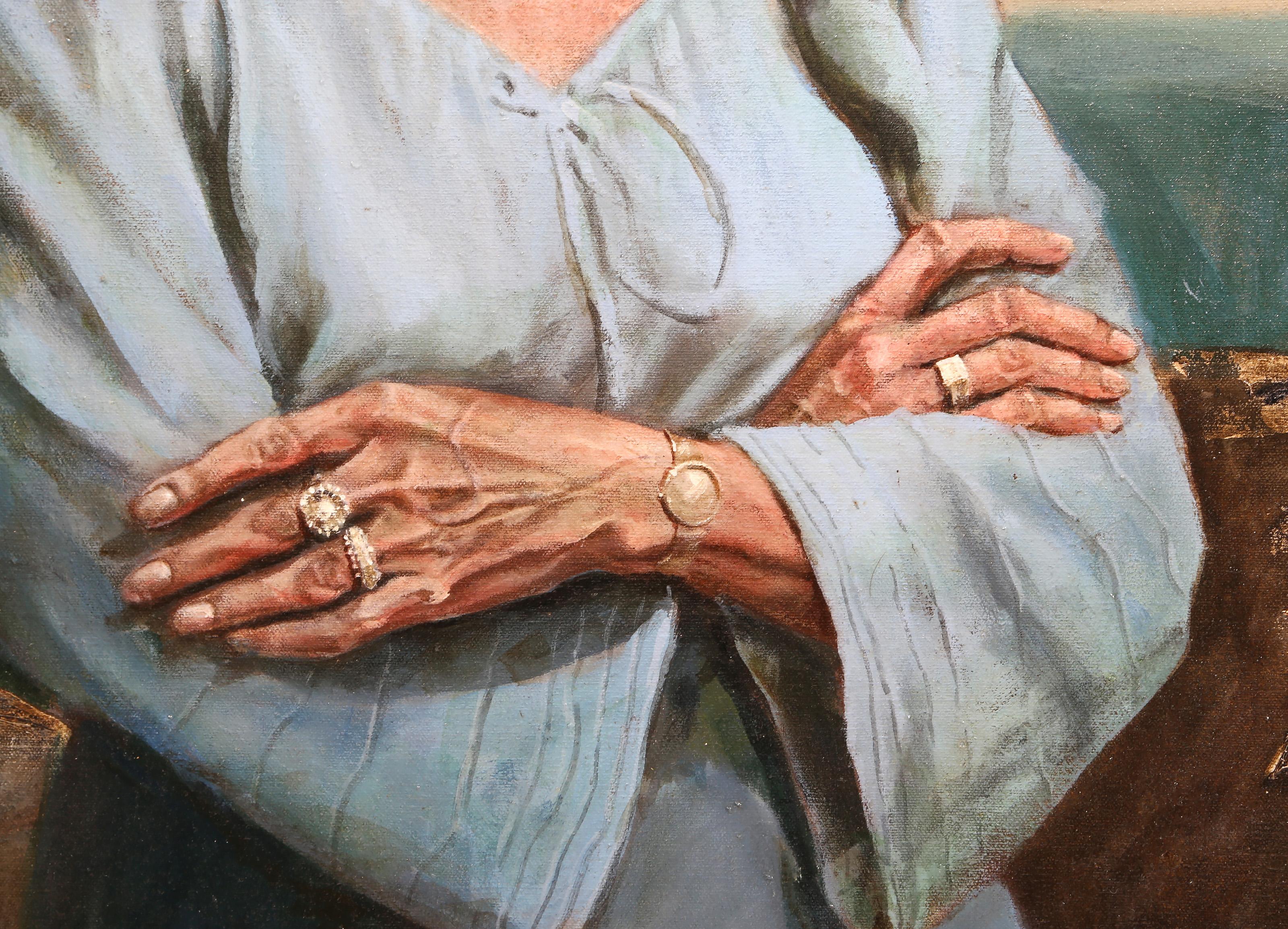 Woman on Dock, Photorealist Oil Painting by John Hardy For Sale 1