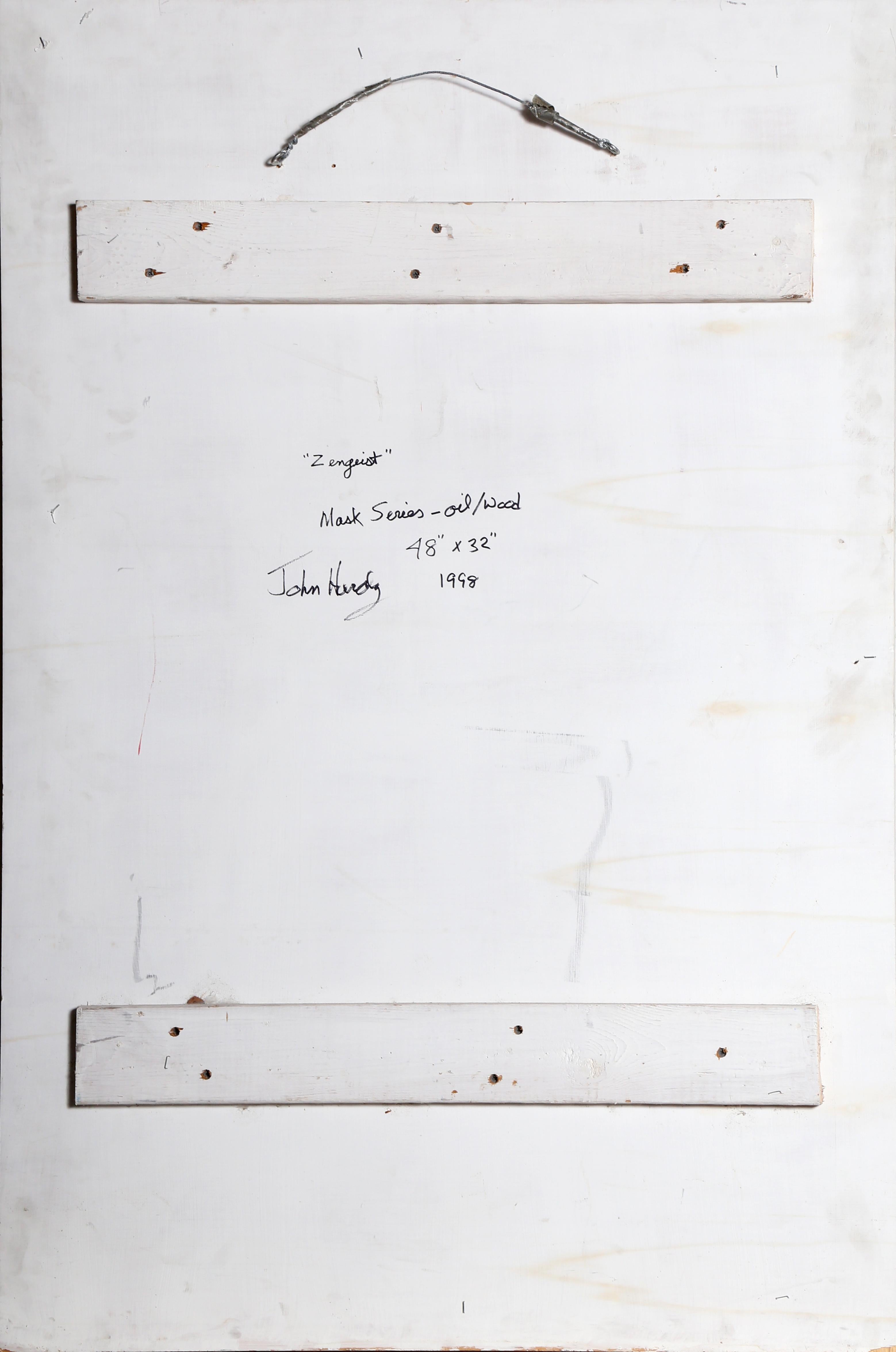 Zengeist (Maske)
John Hardy, Amerikaner (1923-2014)
Datum: 1998
Öl auf Holz, signiert
Größe: 48 x 32 Zoll (121,92 x 81,28 cm)
Referenz: Bool 405