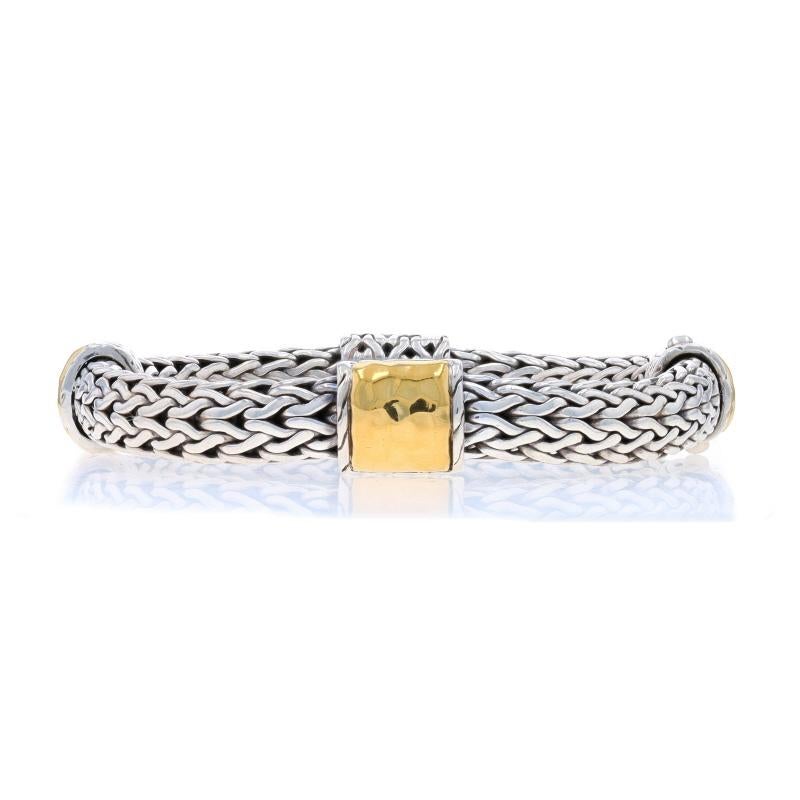 Retail Price: $1795

Brand: John Hardy
Collection: Palu
Design:  4 Station Bracelet

Metal Content: Sterling Silver & 22k Yellow Gold

Style: Chain Station
Chain Style: Wheat
Fastening Type: Pusher Clasp

Measurements

Chain Width: 5/16