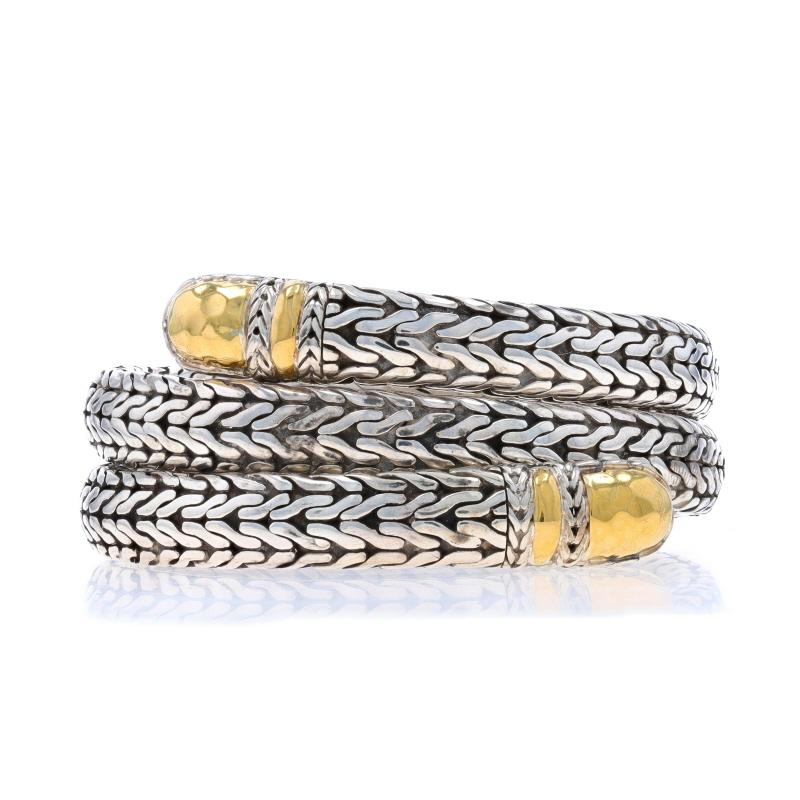 Brand: John Hardy
Collection: Palu
Design:  Coil Bracelet

Metal Content: Sterling Silver & 22k Yellow Gold

Style: Coil Wrap
Fastening Type: N/A (wraps around wrist)

Measurements

Inner Circumference: 6