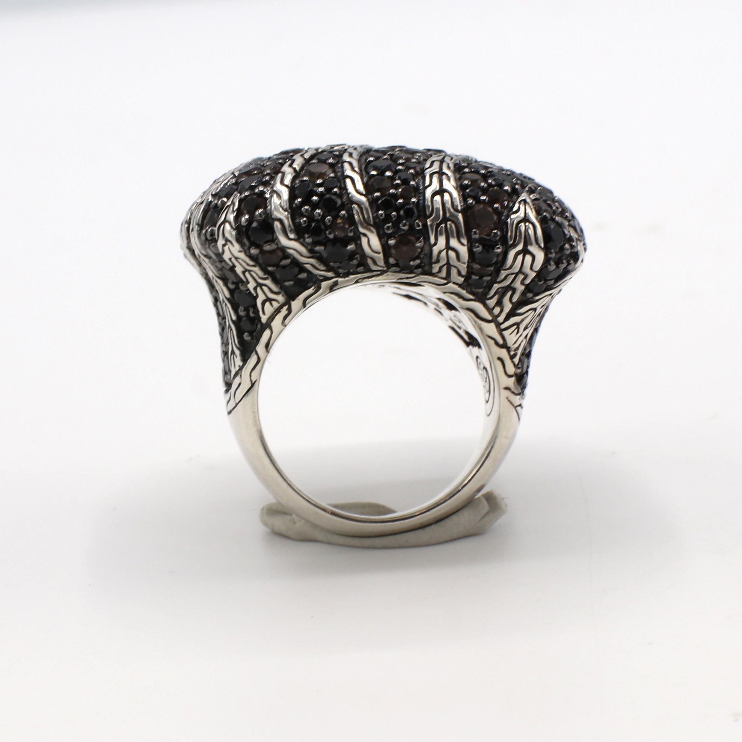 Modern John Hardy Palu Macan Sterling Silver Black Sapphire & Smoky Quartz Square Ring 